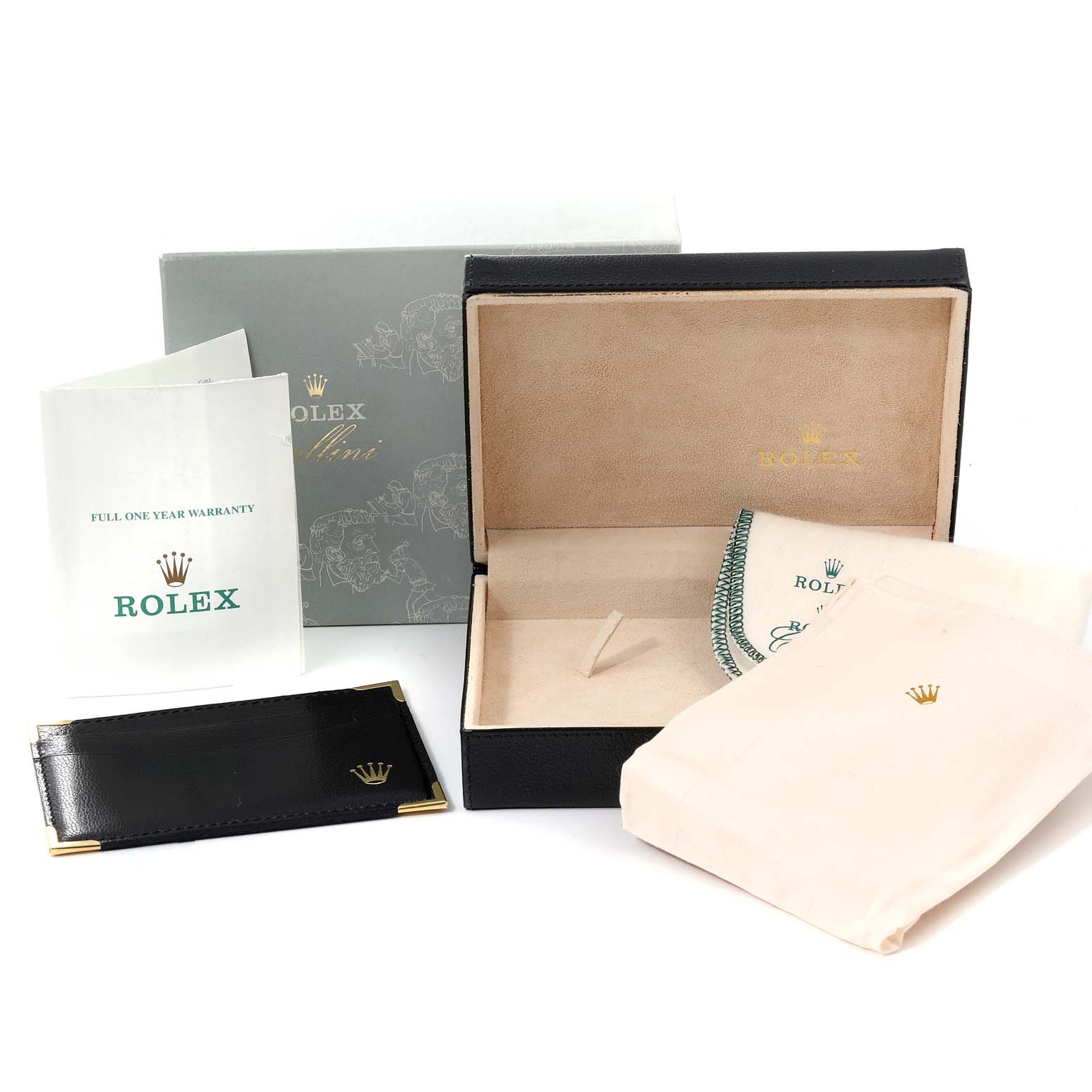 The image shows the Rolex Cellini 4114 Men's Yellow Gold Silver Dial 4114 Men's Yellow Gold Silver Dial model watch box, documentation, leather cardholder, and cleaning cloth.