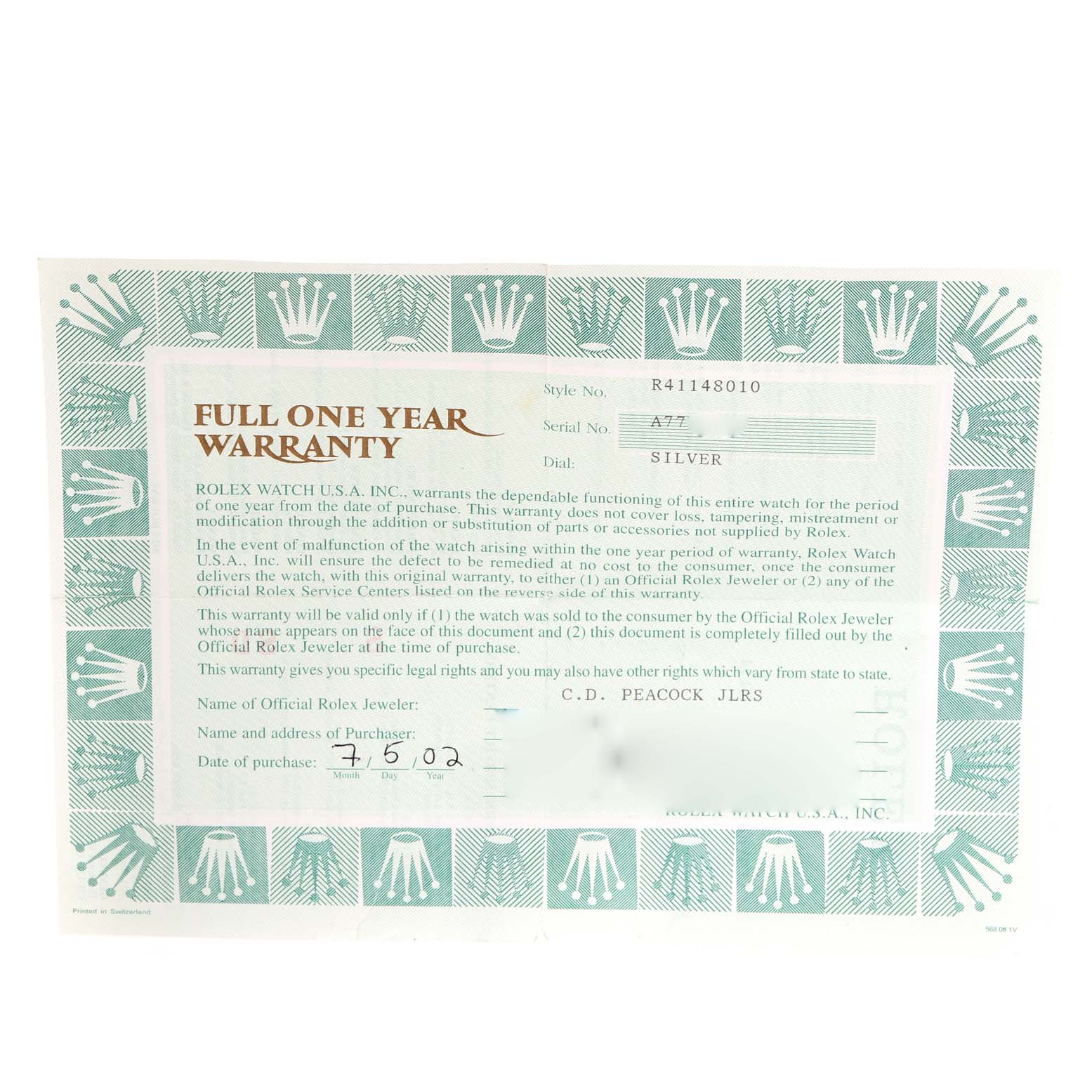 The image shows a full one-year warranty card for a Rolex Cellini 4114 Men's Yellow Gold Silver Dial 4114 Men's Yellow Gold Silver Dial watch.