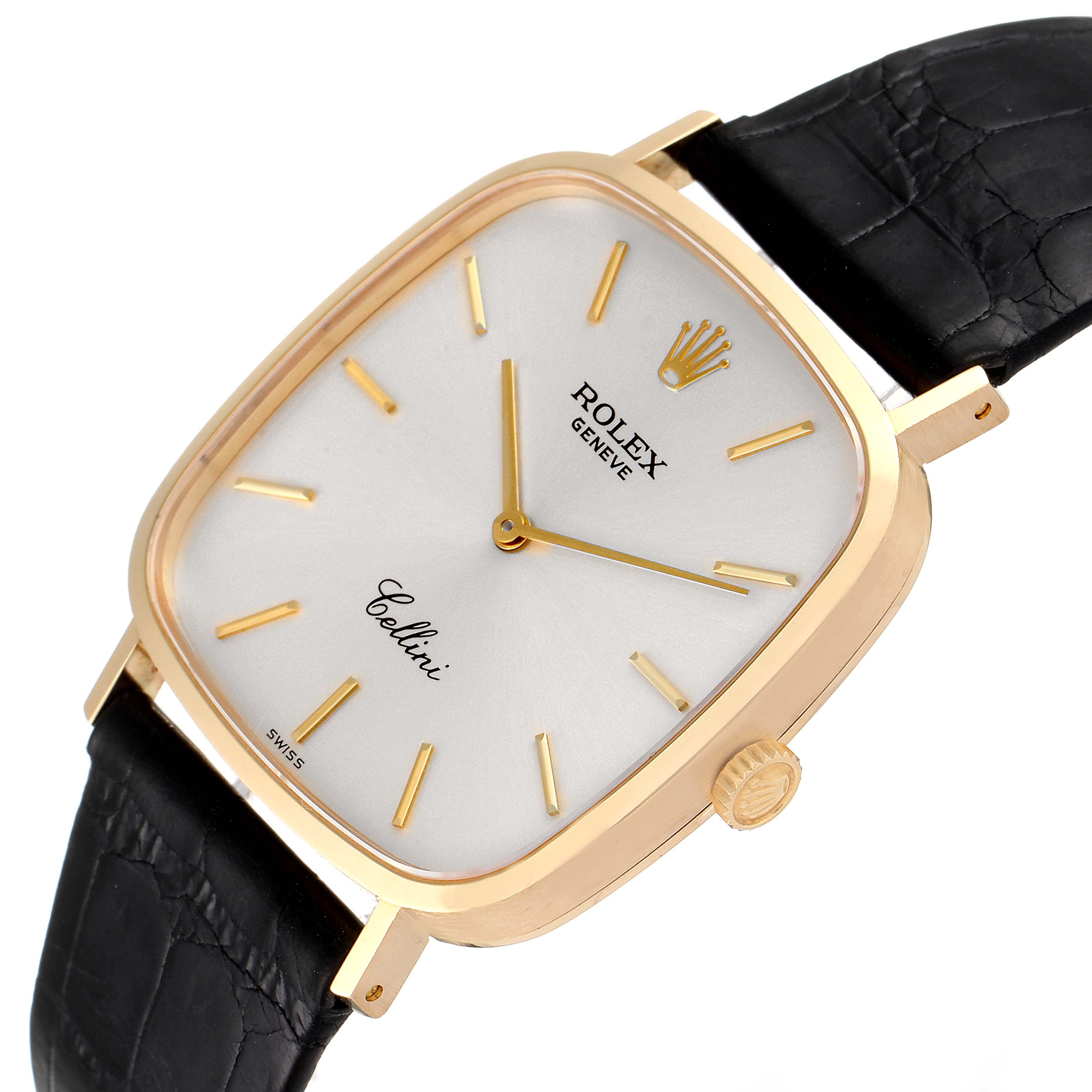 The Rolex Cellini 4114 Men's Yellow Gold Silver Dial 4114 Men's Yellow Gold Silver Dial watch is shown at a three-quarter angle, displaying its face, crown, and black leather strap.