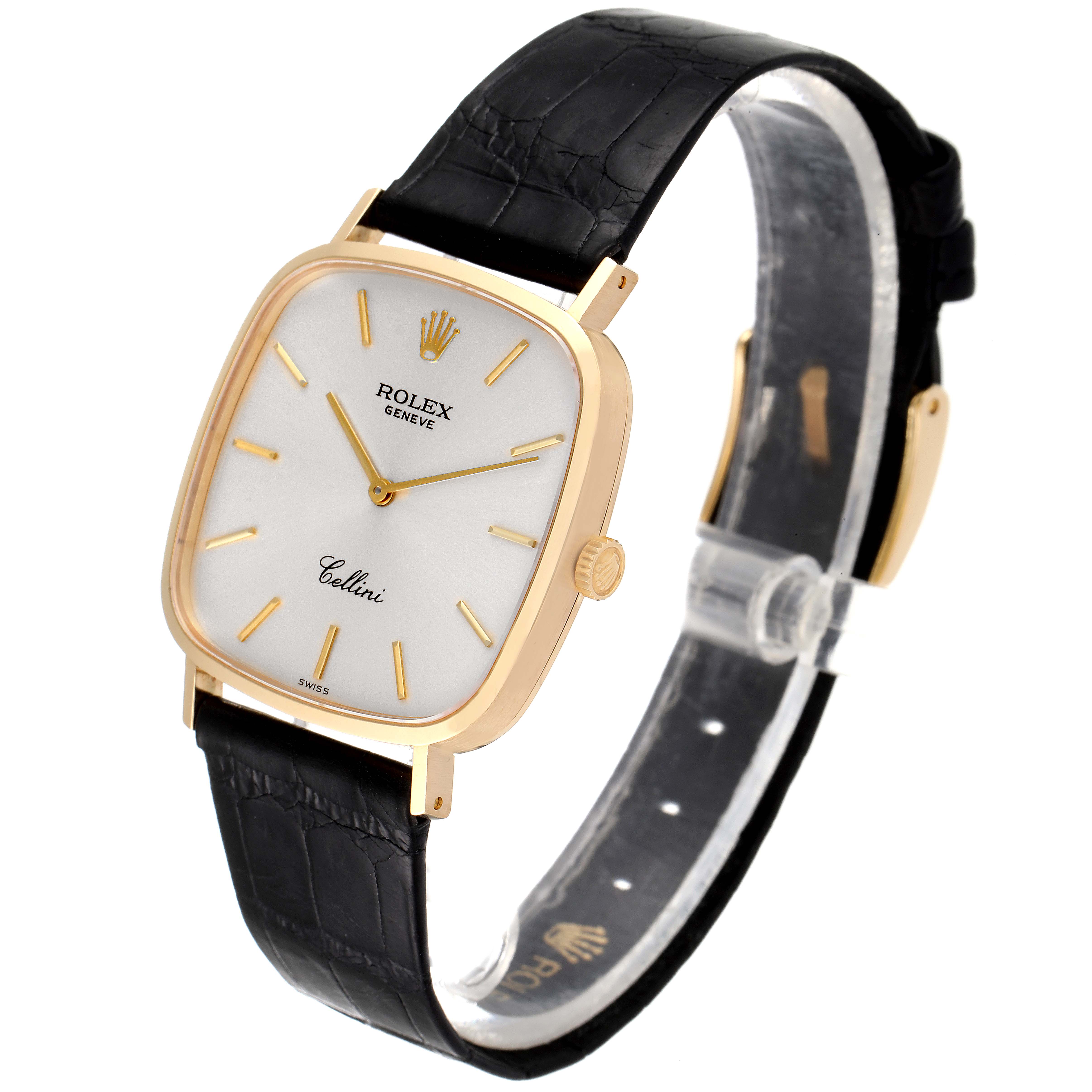 The image shows a Rolex Cellini 4114 Men's Yellow Gold Silver Dial 4114 Men's Yellow Gold Silver Dial watch from an angled side view, displaying its face, crown, strap, and buckle.