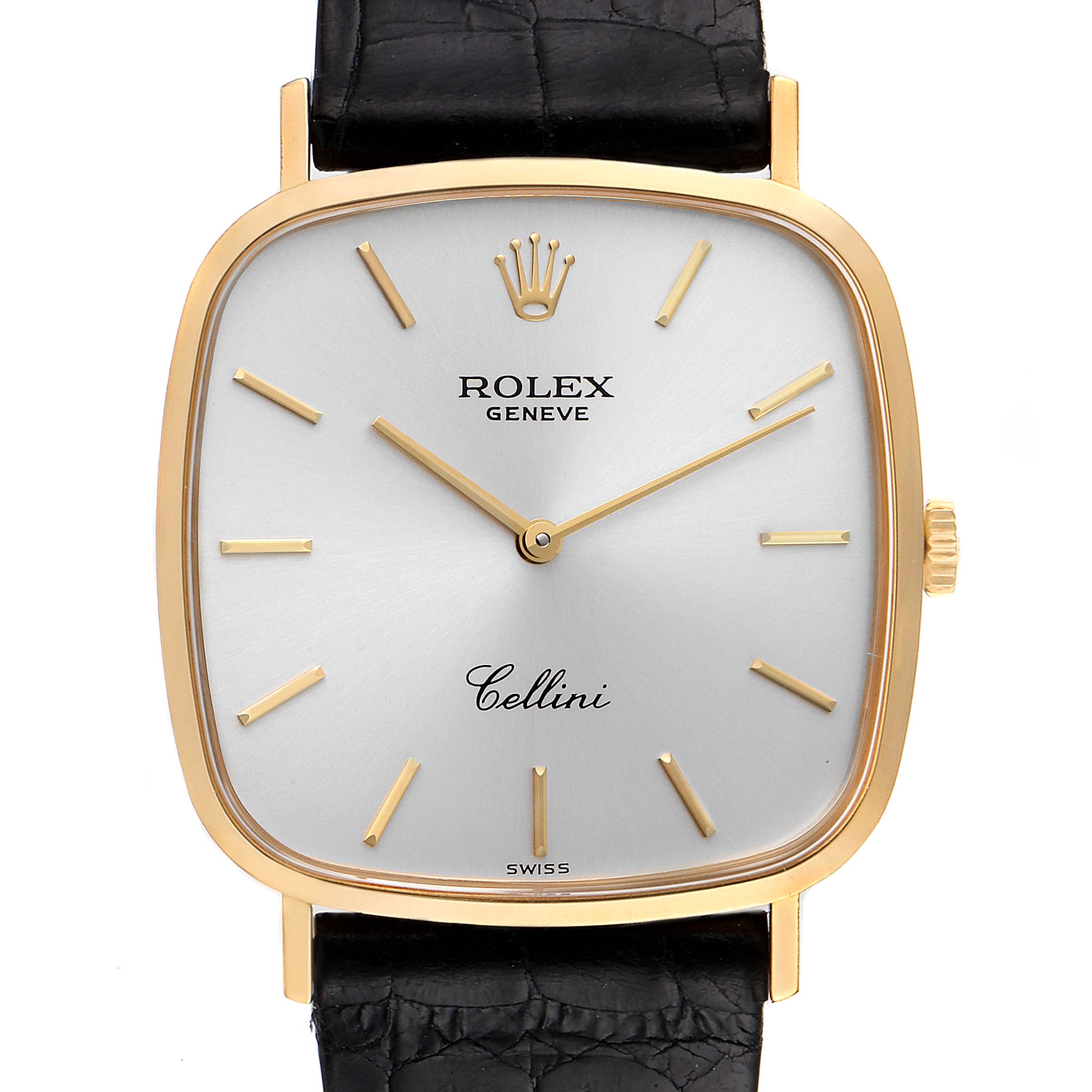 The image shows a front view of a Rolex Cellini 4114 Men's Yellow Gold Silver Dial 4114 Men's Yellow Gold Silver Dial model watch, featuring a gold bezel, white dial, and black leather strap.