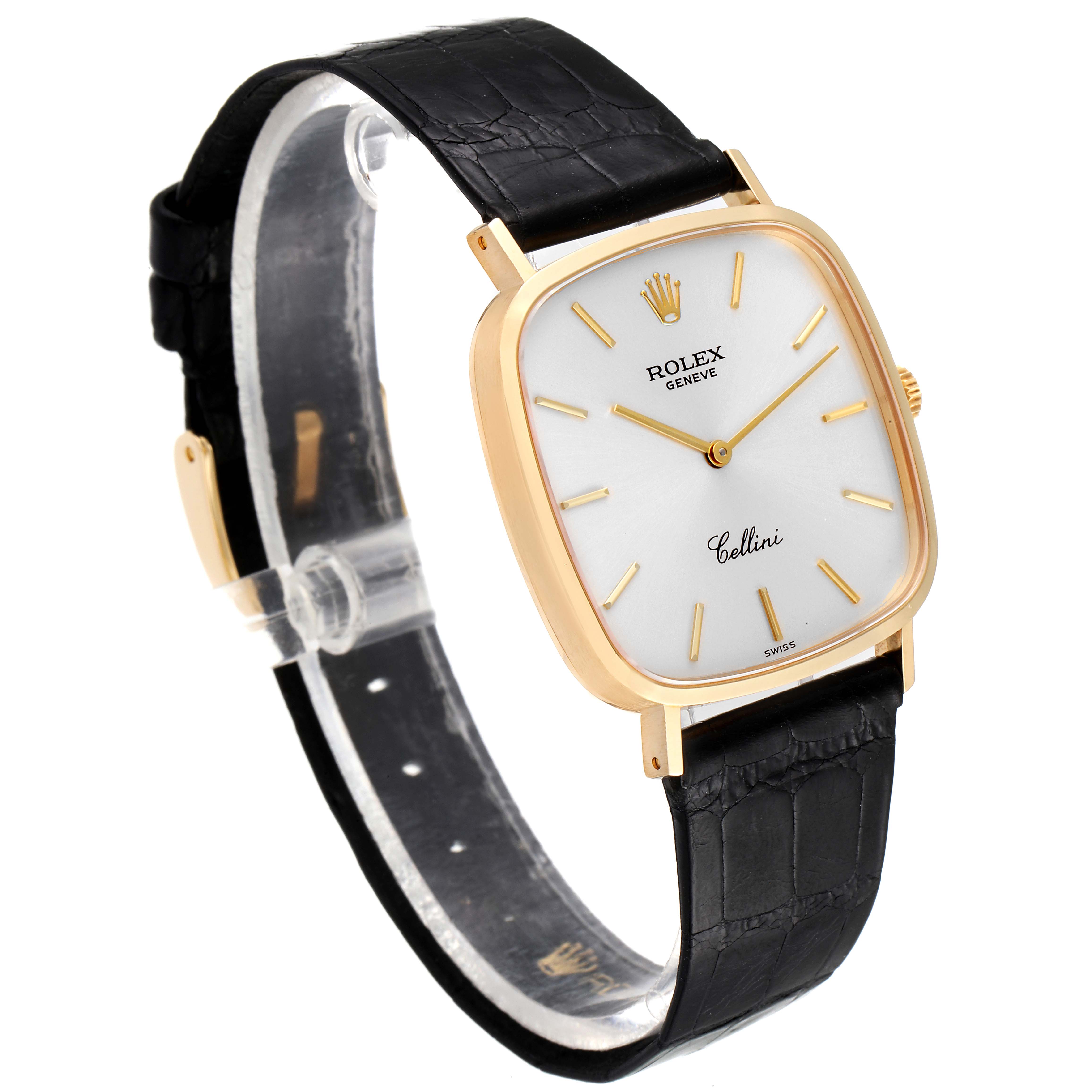 This image shows a Rolex Cellini 4114 Men's Yellow Gold Silver Dial 4114 Men's Yellow Gold Silver Dial watch at a three-quarter angle, displaying the dial, case, and leather strap.