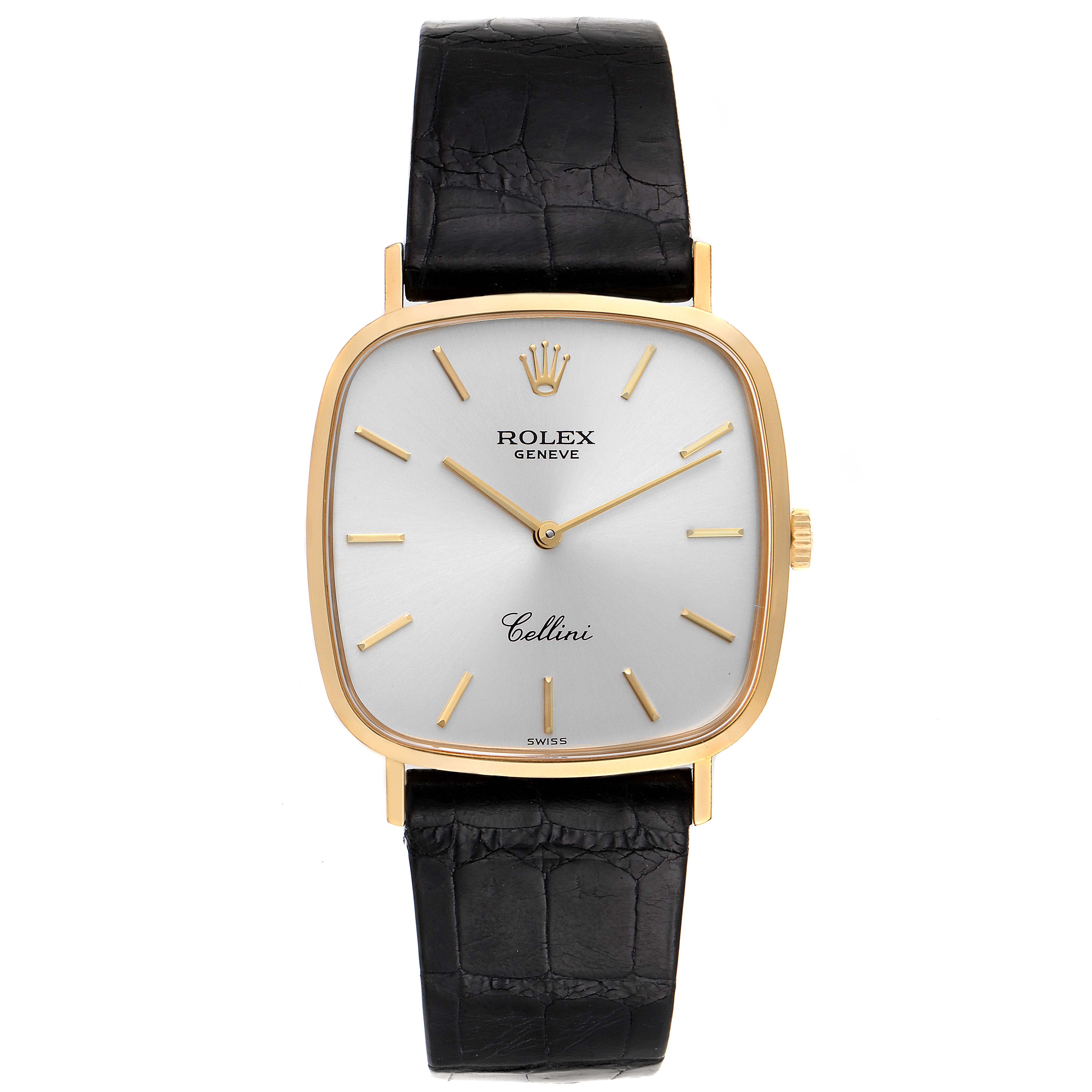 This image shows a front view of the Rolex Cellini 4114 Men's Yellow Gold Silver Dial 4114 Men's Yellow Gold Silver Dial watch with a black leather strap and a gold rectangular case.