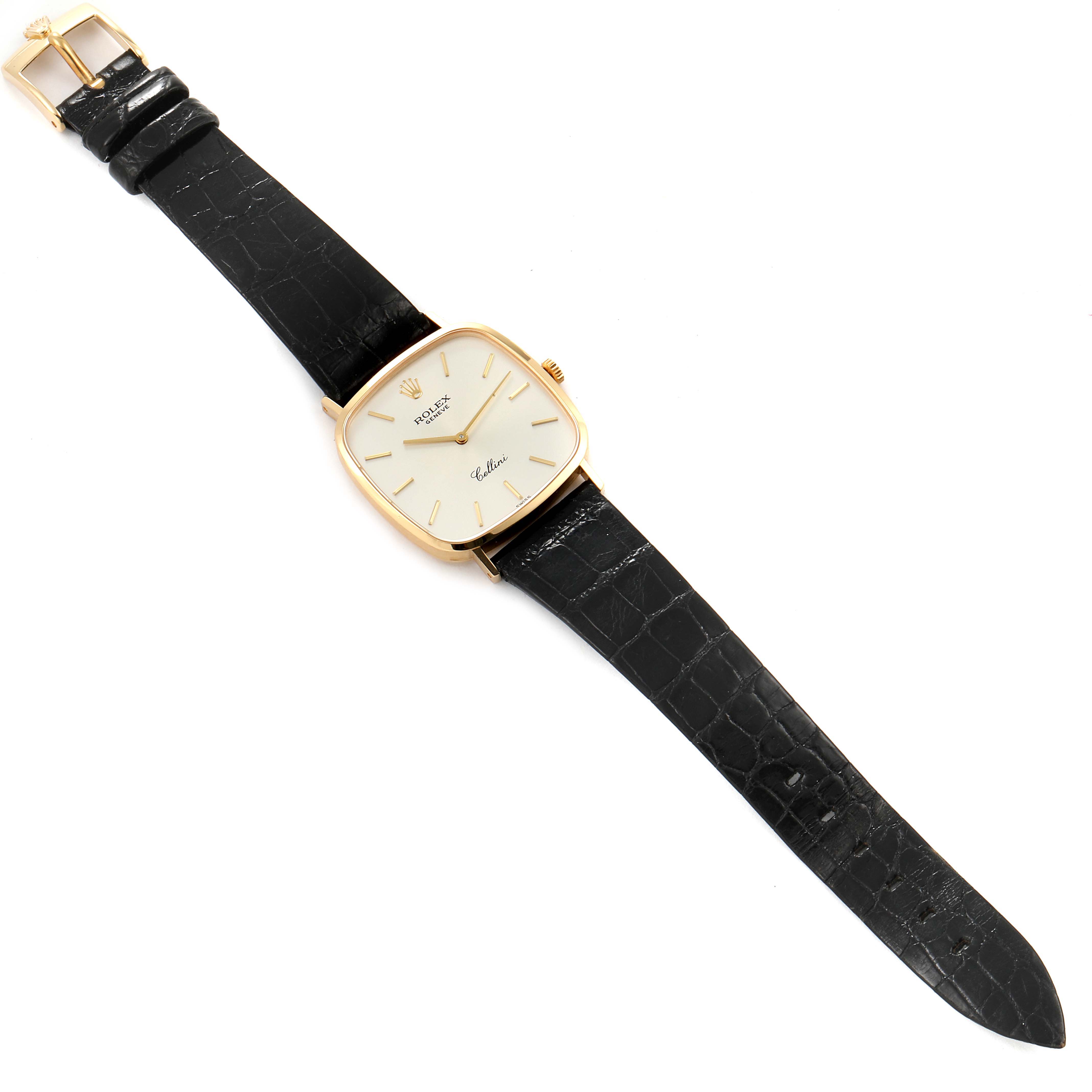 The image shows a Rolex Cellini 4114 Men's Yellow Gold Silver Dial 4114 Men's Yellow Gold Silver Dial watch from a top-down angle, featuring its dial, black leather strap, and buckle.