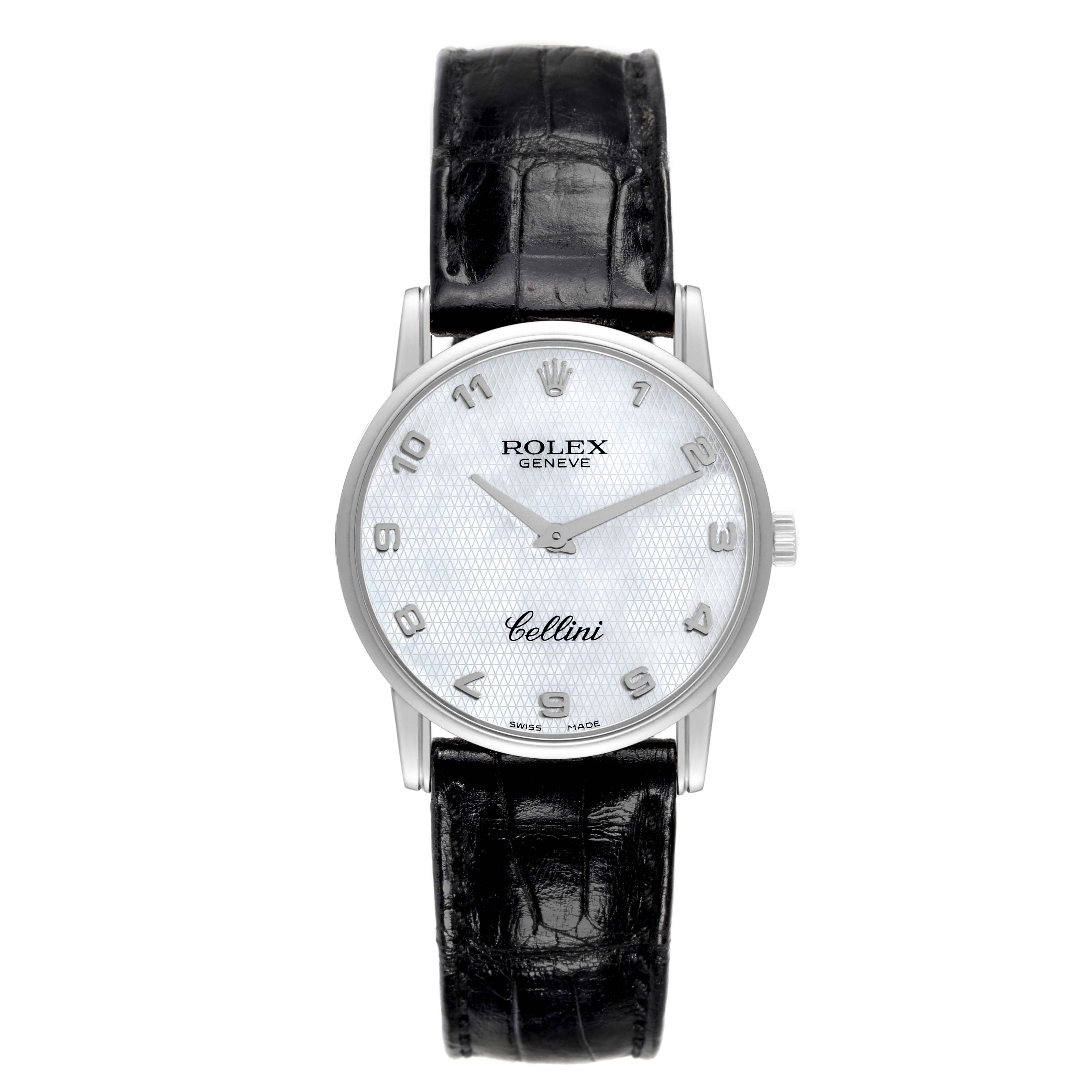 The Rolex Cellini 5116/9 Men's White Gold Mother of Pearl Dial 5116/9 Men's White Gold Mother of Pearl Dial watch is shown from a frontal angle, displaying its face, dial, and black leather strap.