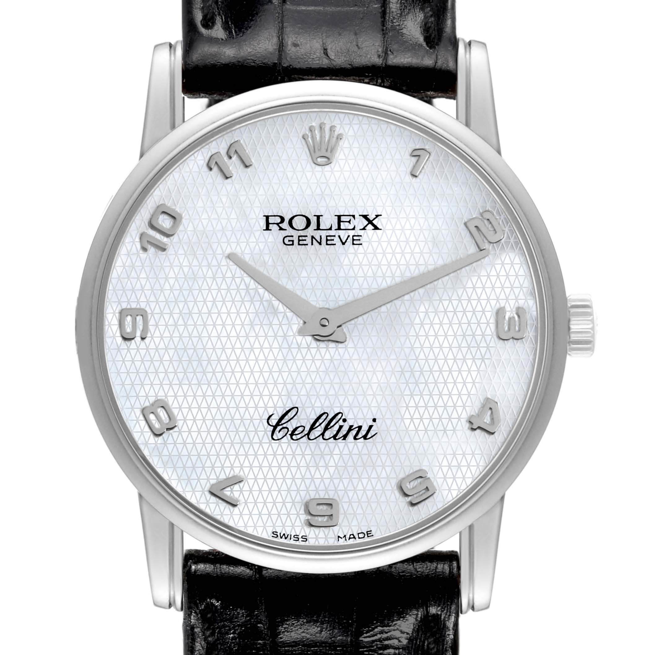 The image shows a front view of a Rolex Cellini 5116/9 Men's White Gold Mother of Pearl Dial 5116/9 Men's White Gold Mother of Pearl Dial watch, displaying its dial, hour markers, hands, and part of the black leather strap.