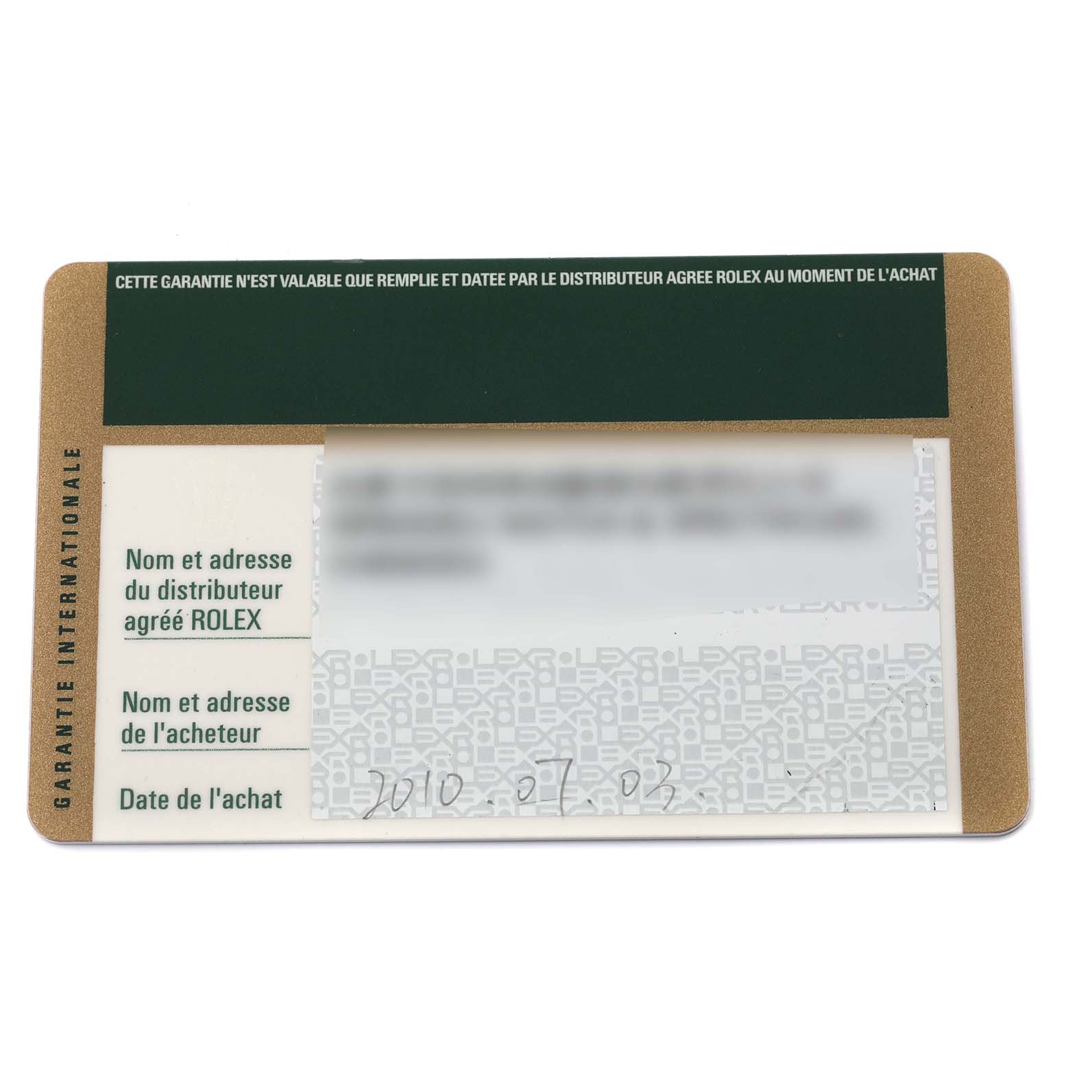 The image shows the warranty card for the Rolex Cellini 5116/9 Men's White Gold Mother of Pearl Dial 5116/9 Men's White Gold Mother of Pearl Dial model, displaying distributor and purchase information.