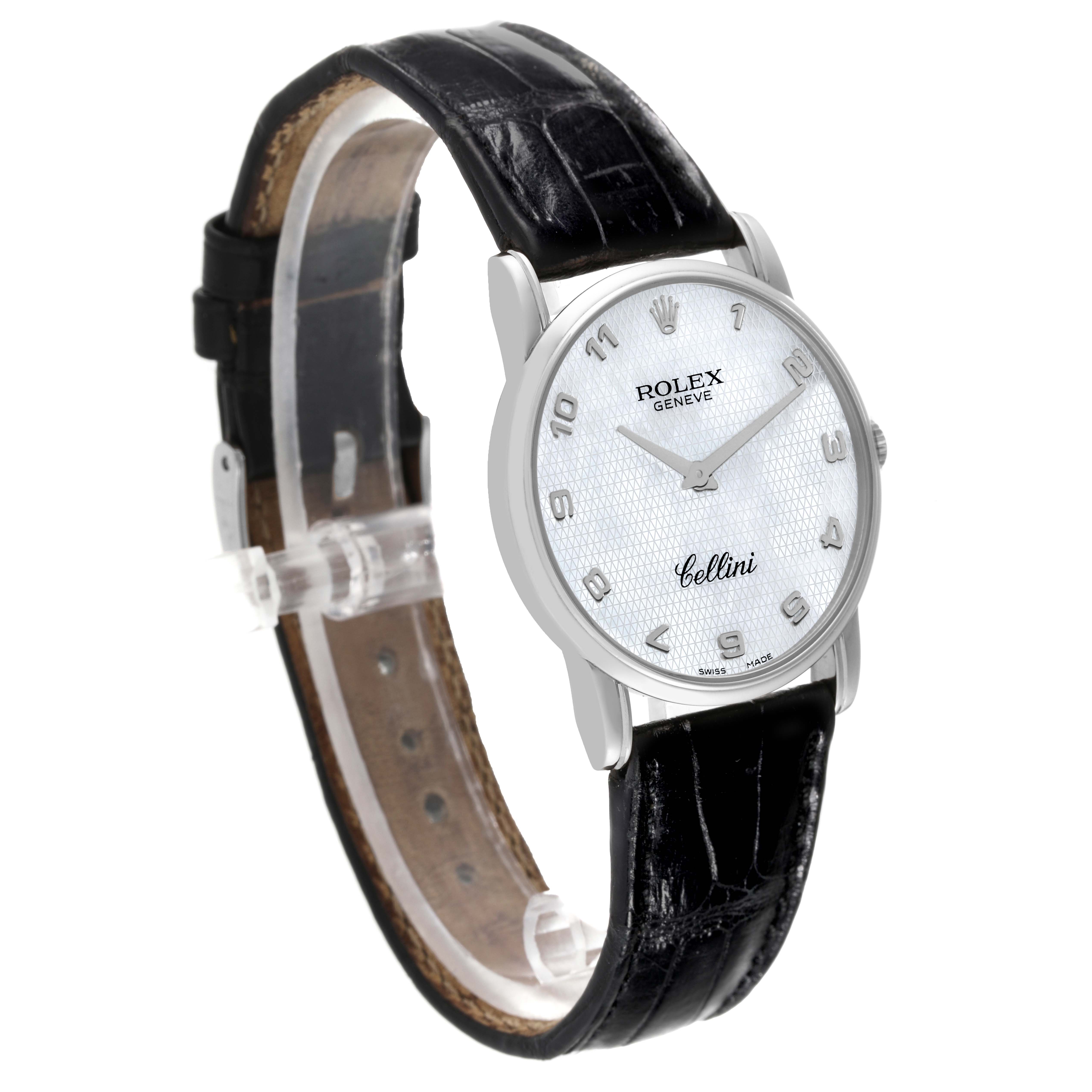 The image shows a side and front view of a Rolex Cellini 5116/9 Men's White Gold Mother of Pearl Dial 5116/9 Men's White Gold Mother of Pearl Dial watch with a black leather strap and white dial.