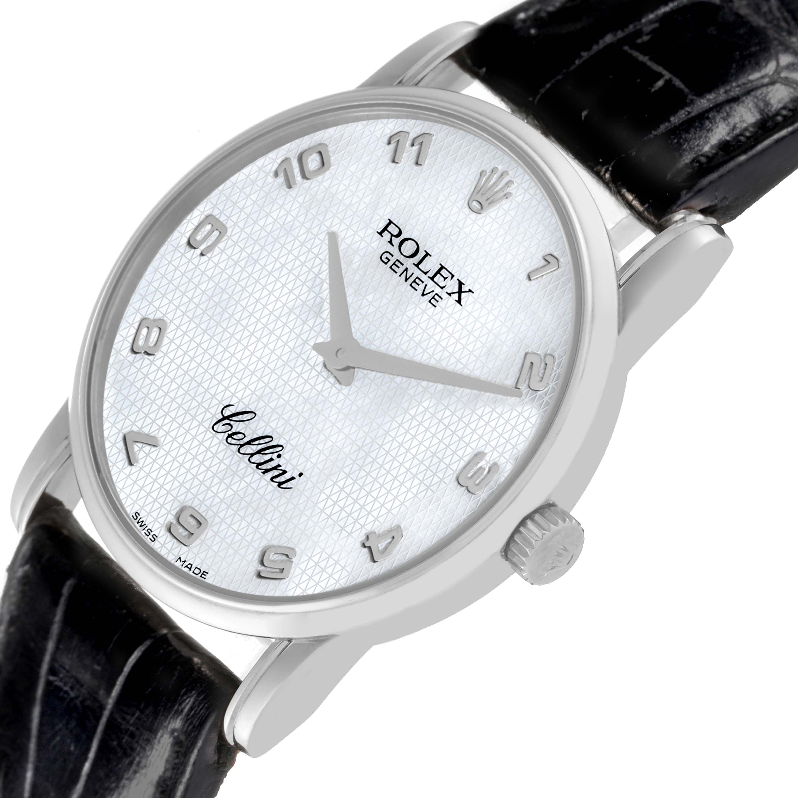 The Rolex Cellini 5116/9 Men's White Gold Mother of Pearl Dial 5116/9 Men's White Gold Mother of Pearl Dial watch is shown at an oblique angle, displaying the face, case, crown, and a partial view of the strap.