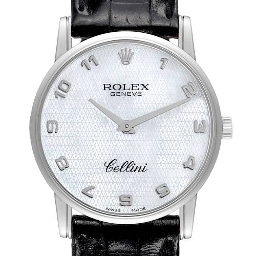 This image shows a front view of a Rolex Cellini watch, showcasing its dial, hands, crown, and part of the leather strap.