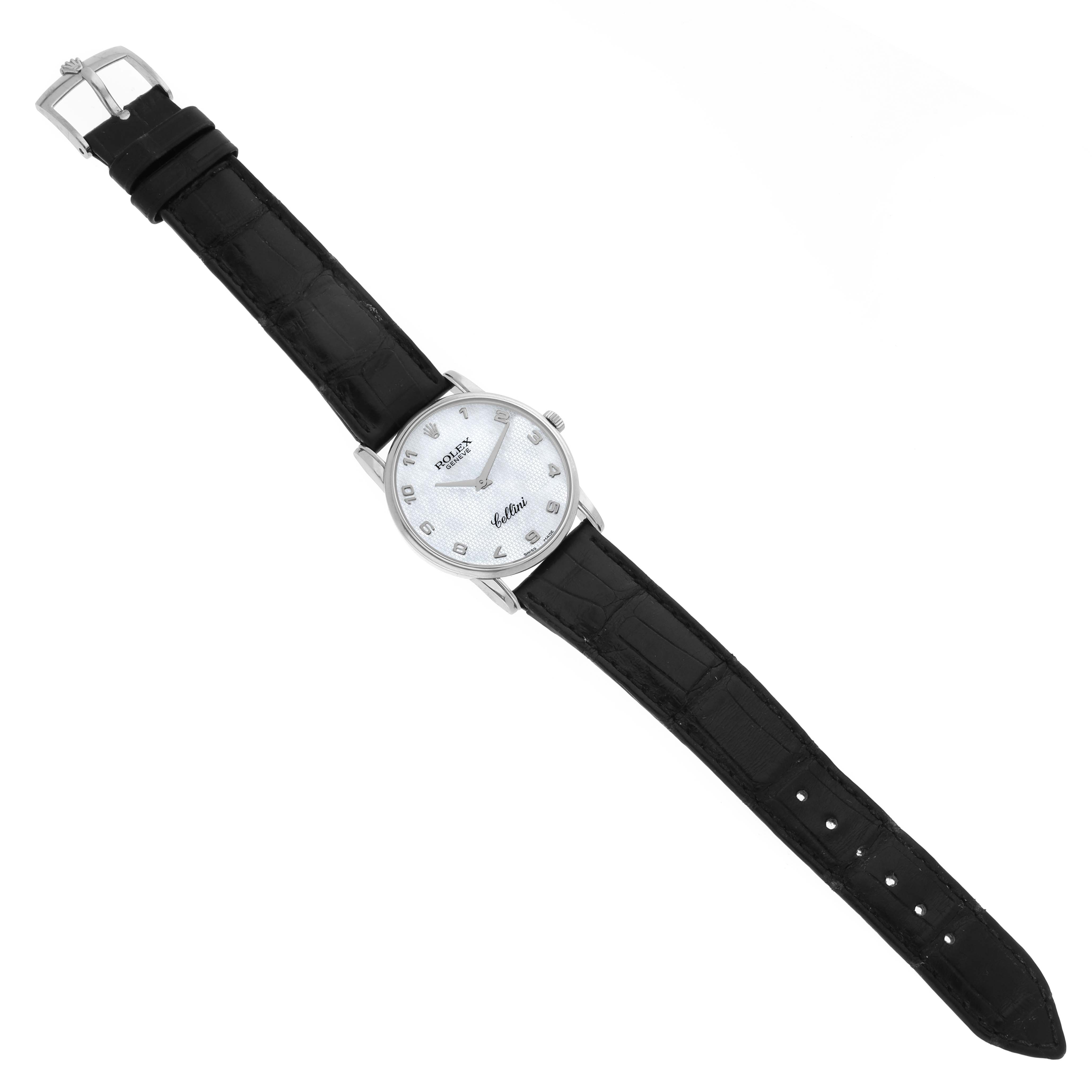 The image shows a Rolex Cellini 5116/9 Men's White Gold Mother of Pearl Dial 5116/9 Men's White Gold Mother of Pearl Dial watch with a black leather strap, displayed flat and fully extended.