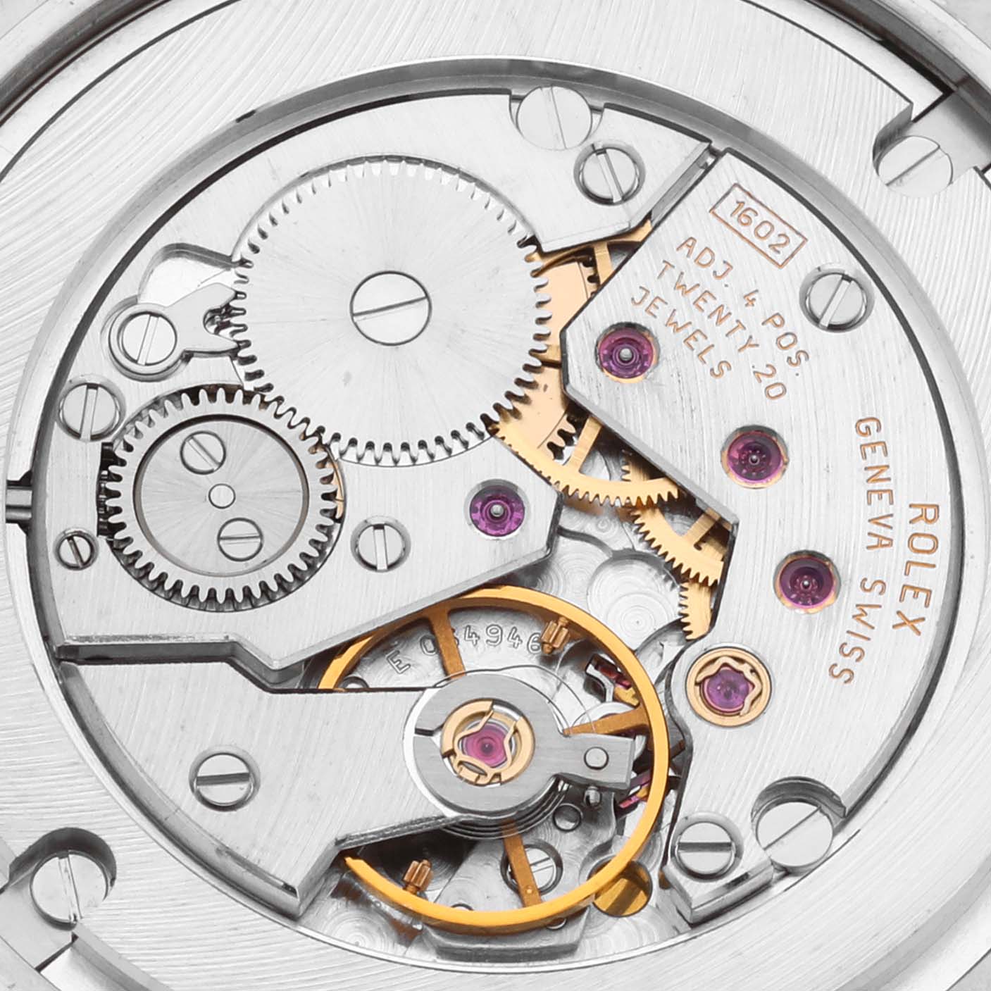 This image shows the internal mechanical movement of a Rolex Cellini 5116/9 Men's White Gold Mother of Pearl Dial 5116/9 Men's White Gold Mother of Pearl Dial watch, highlighting gears and jewels.