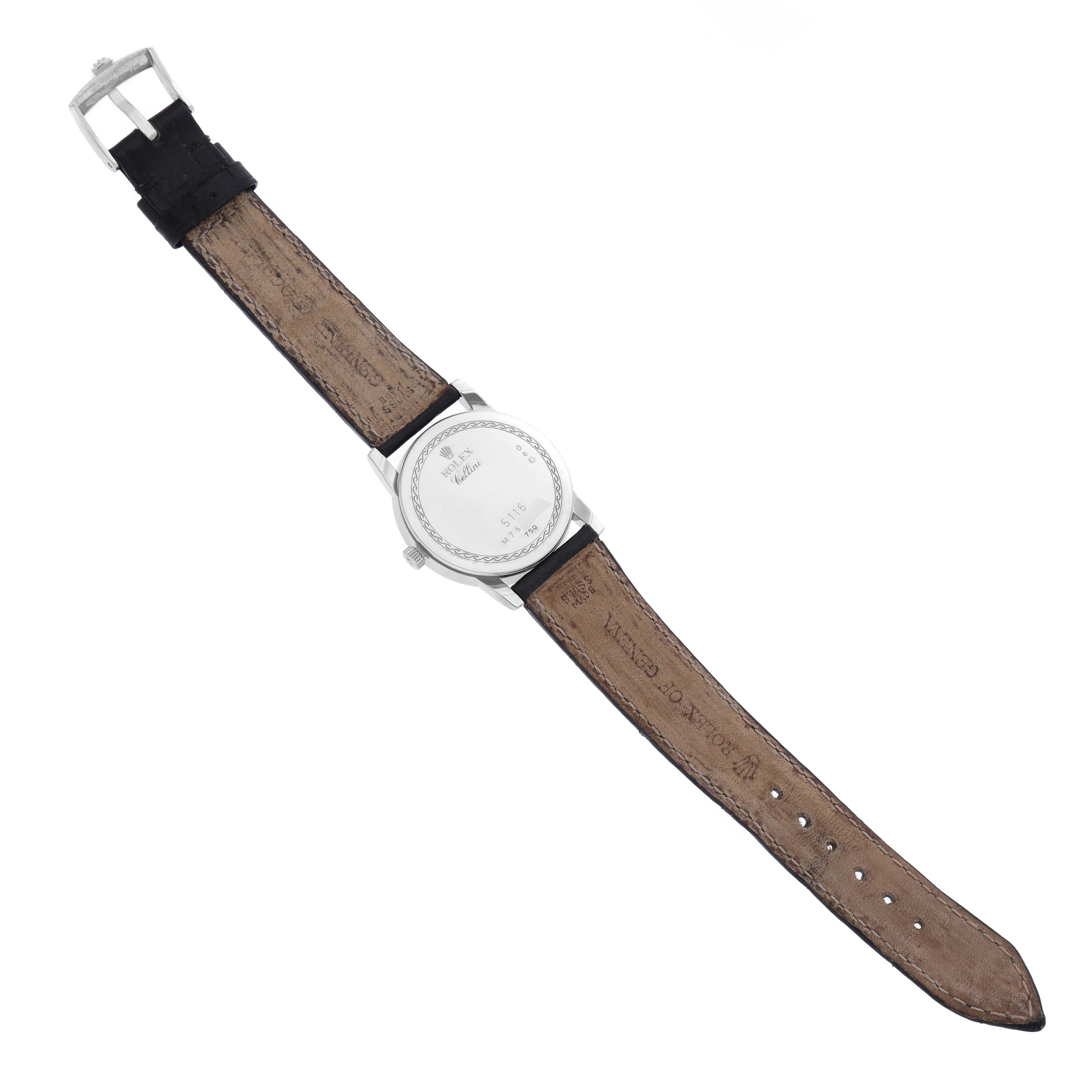 The image shows the back and the leather strap of a Rolex Cellini 5116/9 Men's White Gold Mother of Pearl Dial 5116/9 Men's White Gold Mother of Pearl Dial watch laid flat.