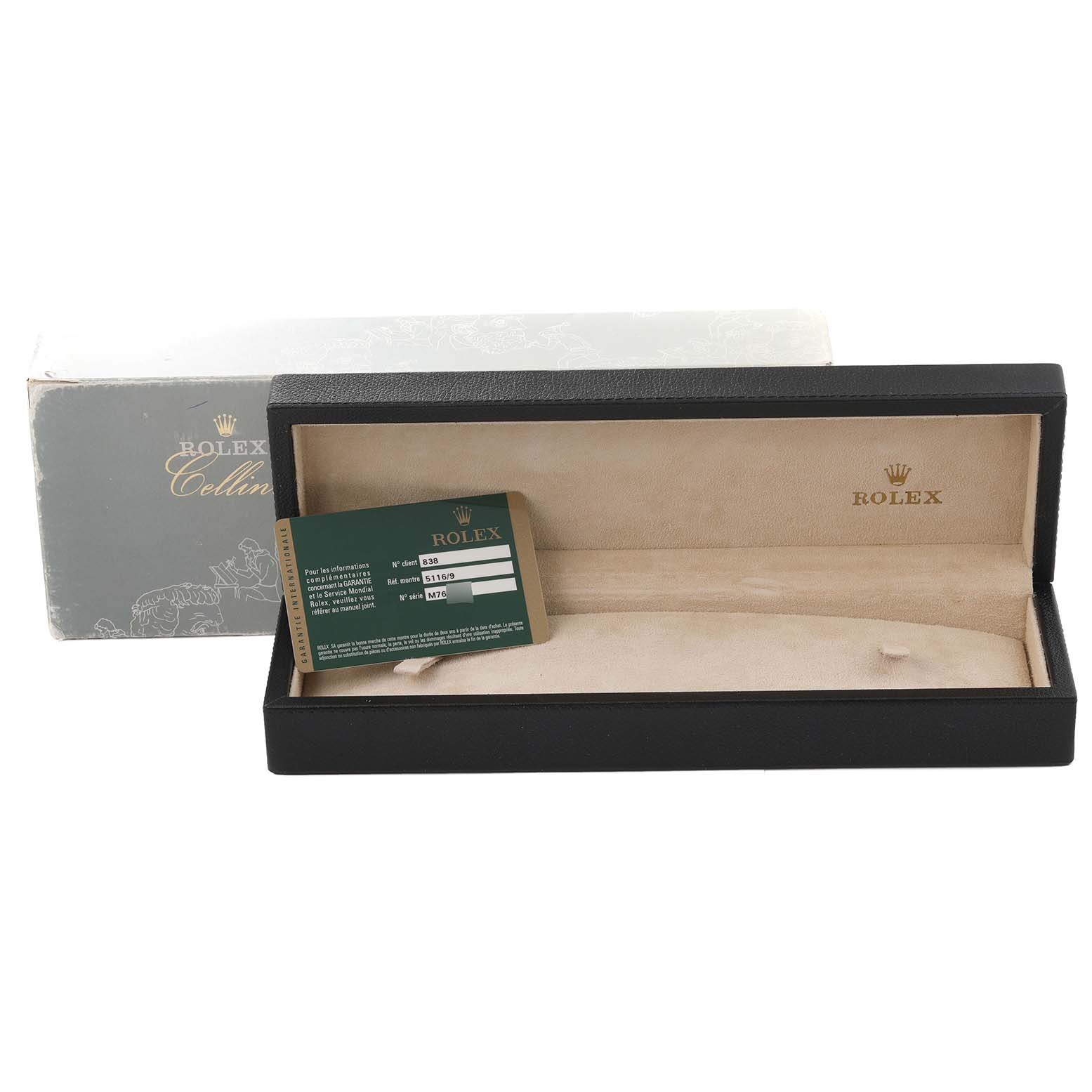 The image shows a Rolex Cellini 5116/9 Men's White Gold Mother of Pearl Dial 5116/9 Men's White Gold Mother of Pearl Dial watch box and card, with the box open and the warranty card displayed inside.