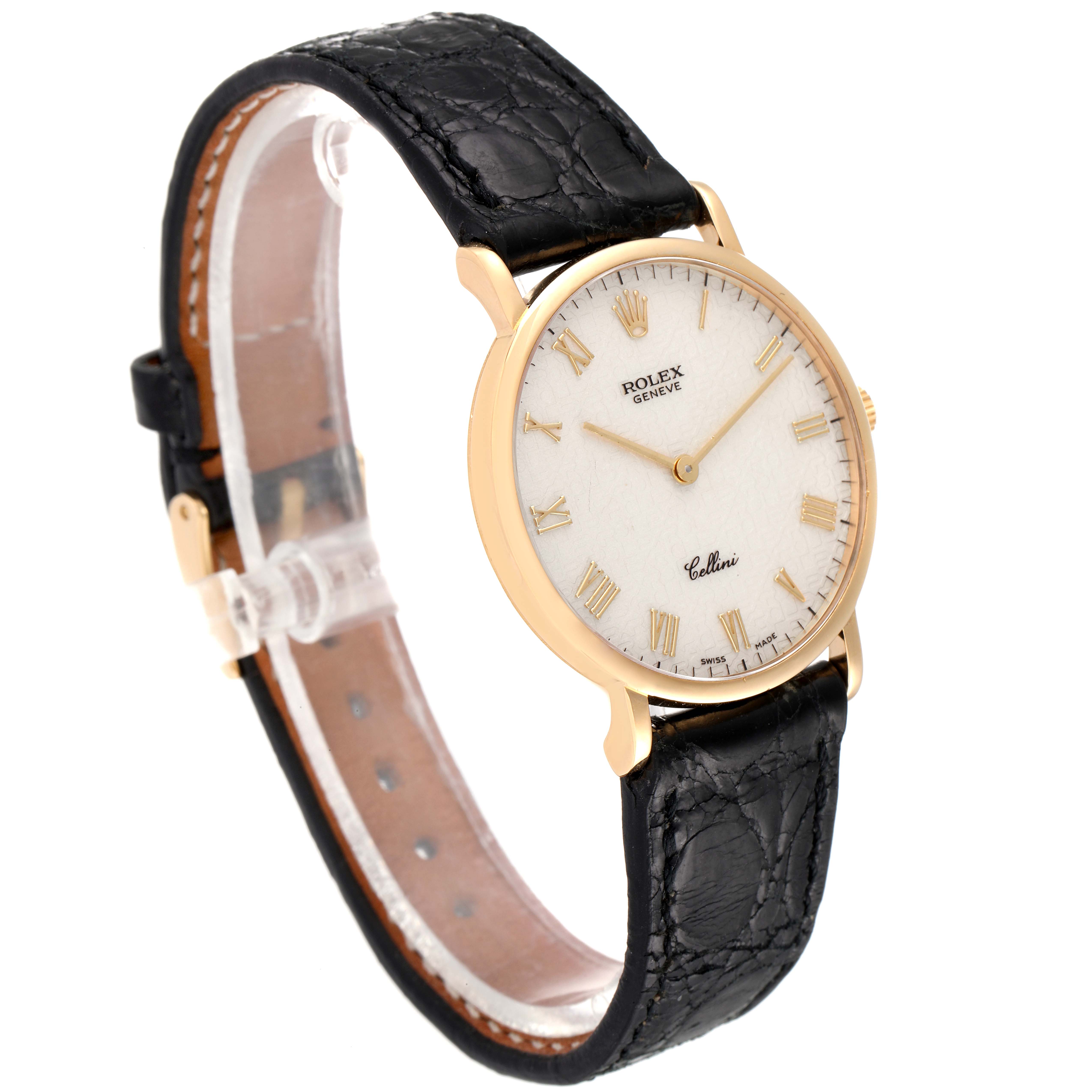 The image shows a Rolex Cellini 5112 Men's Yellow Gold Beige Dial 5112 Men's Yellow Gold Beige Dial watch at an angle displaying its face, gold casing, black leather strap, and roman numeral markers.