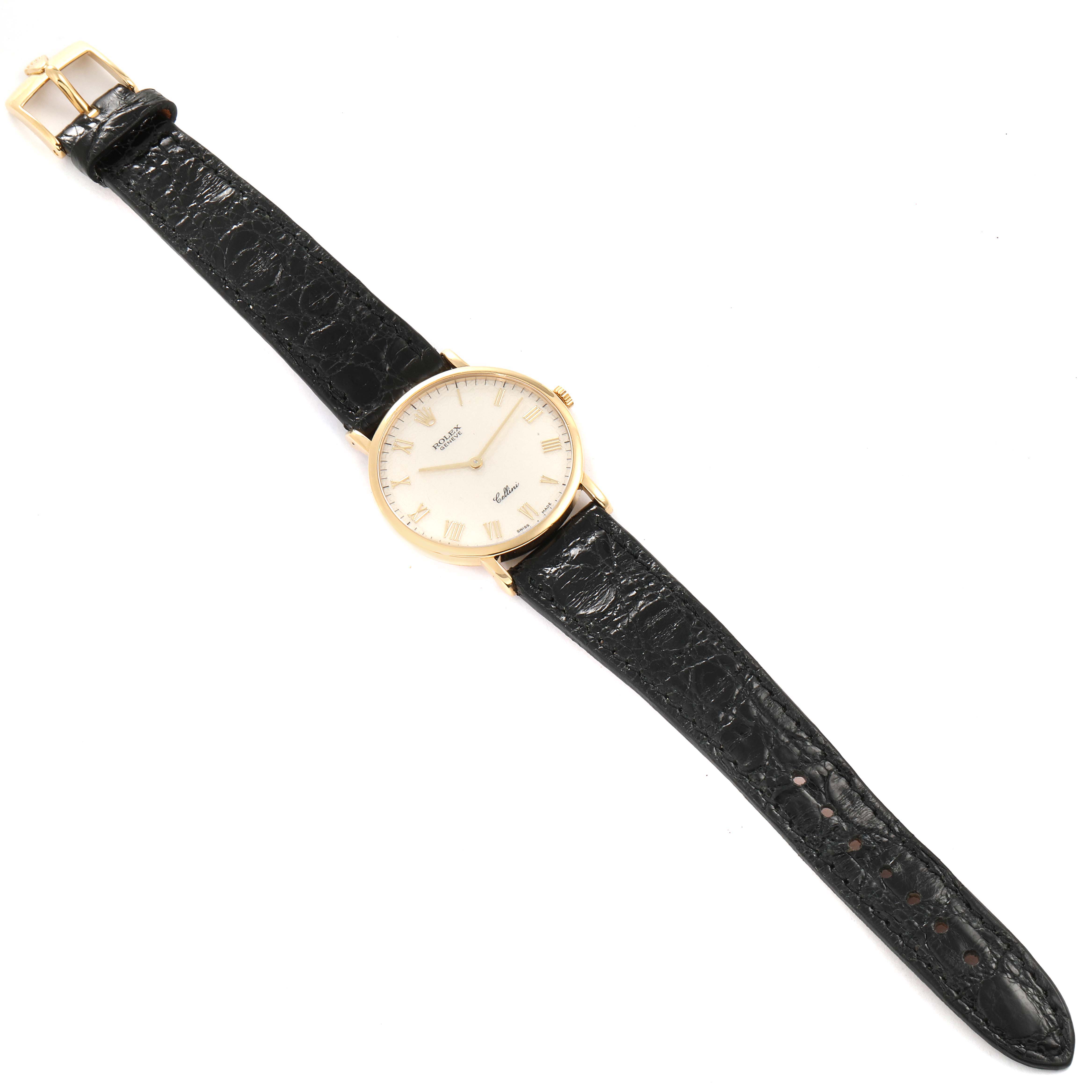 The Rolex Cellini 5112 Men's Yellow Gold Beige Dial 5112 Men's Yellow Gold Beige Dial watch is shown from a top-down angle, displaying the entire watch face and black leather strap.