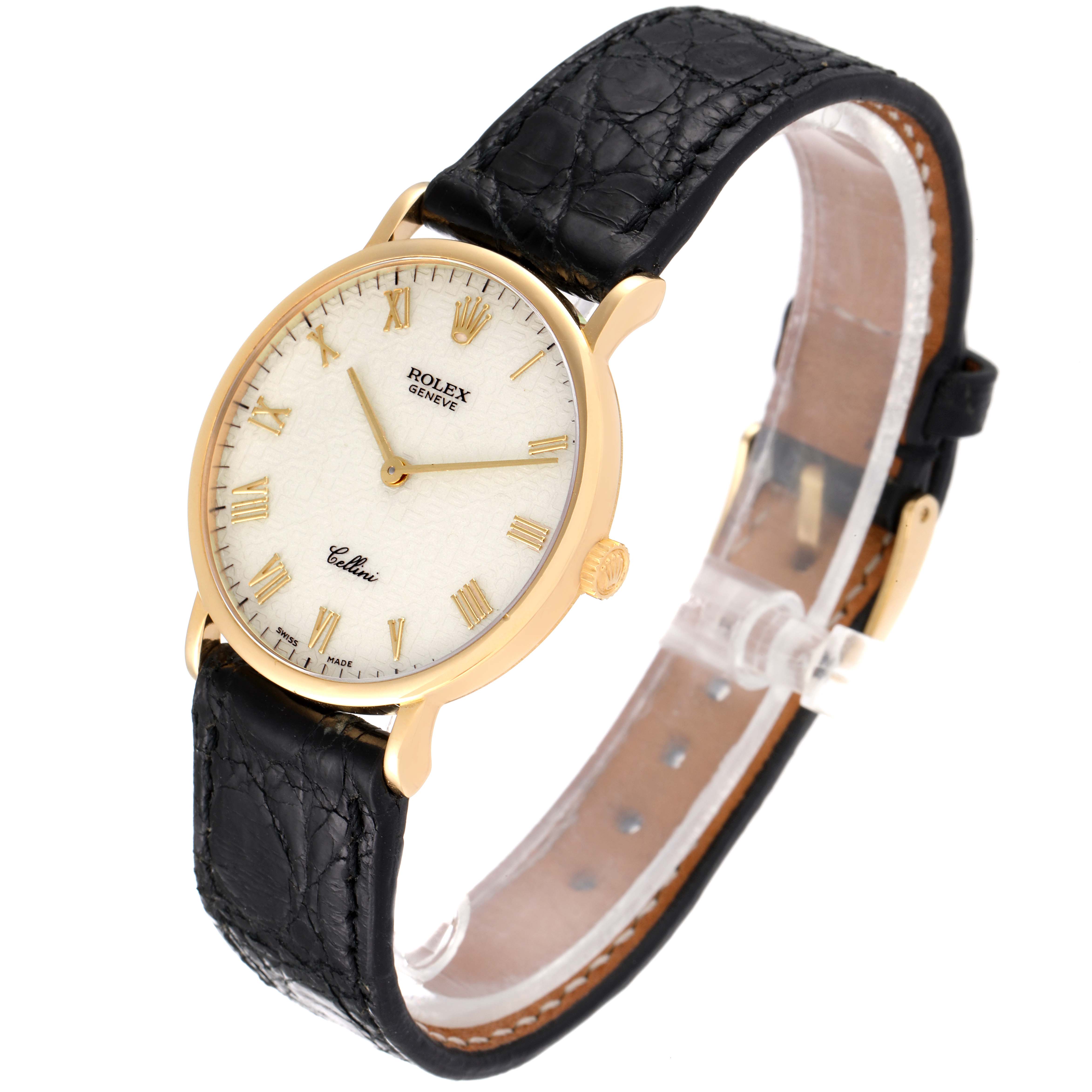 The image shows a Rolex Cellini 5112 Men's Yellow Gold Beige Dial 5112 Men's Yellow Gold Beige Dial watch at a slight angle, highlighting its face, gold case, dial, and black leather strap.