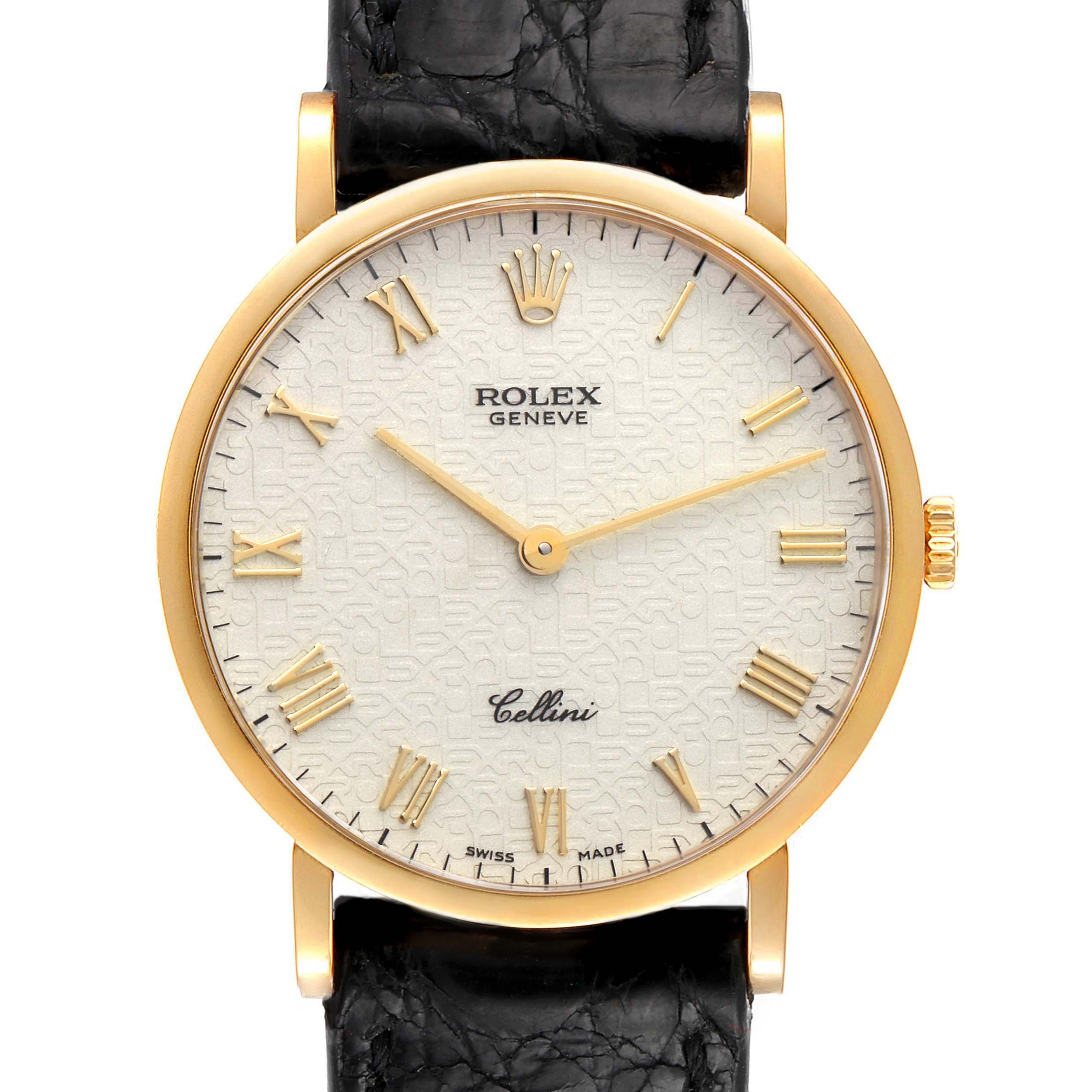 This image shows a frontal view of a Rolex Cellini 5112 Men's Yellow Gold Beige Dial 5112 Men's Yellow Gold Beige Dial watch, highlighting the dial, hands, Roman numerals, and crown.