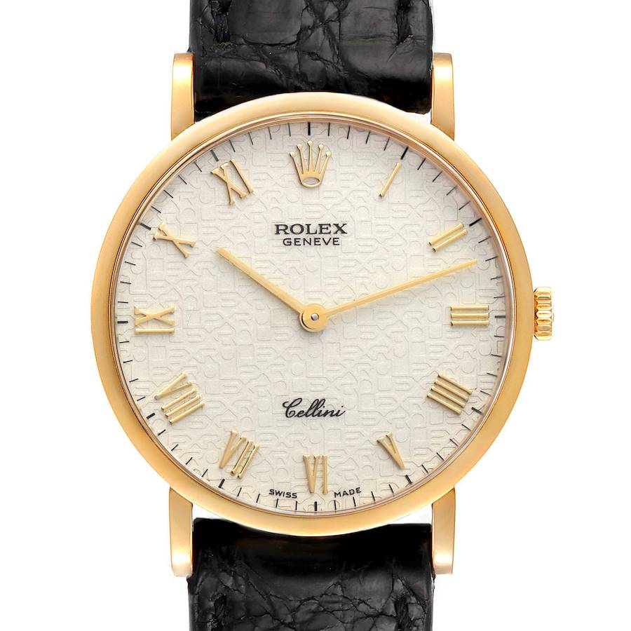 Rolex Cellini Classic Yellow Gold Anniversary Dial Black Strap Watch 5112 SwissWatchExpo