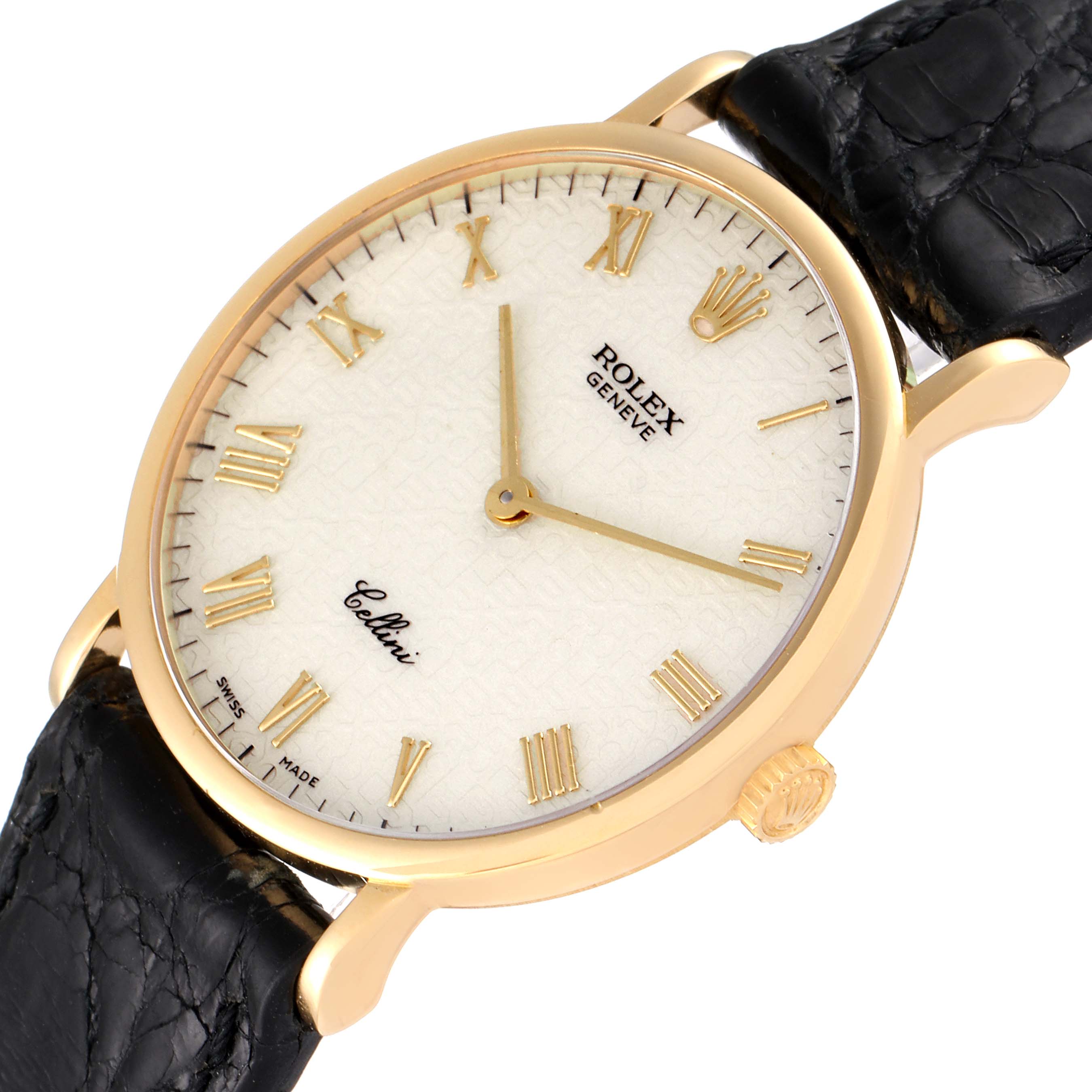 This image shows a Rolex Cellini 5112 Men's Yellow Gold Beige Dial 5112 Men's Yellow Gold Beige Dial watch from a slightly oblique angle, highlighting its face, gold case, black leather strap, and crown.