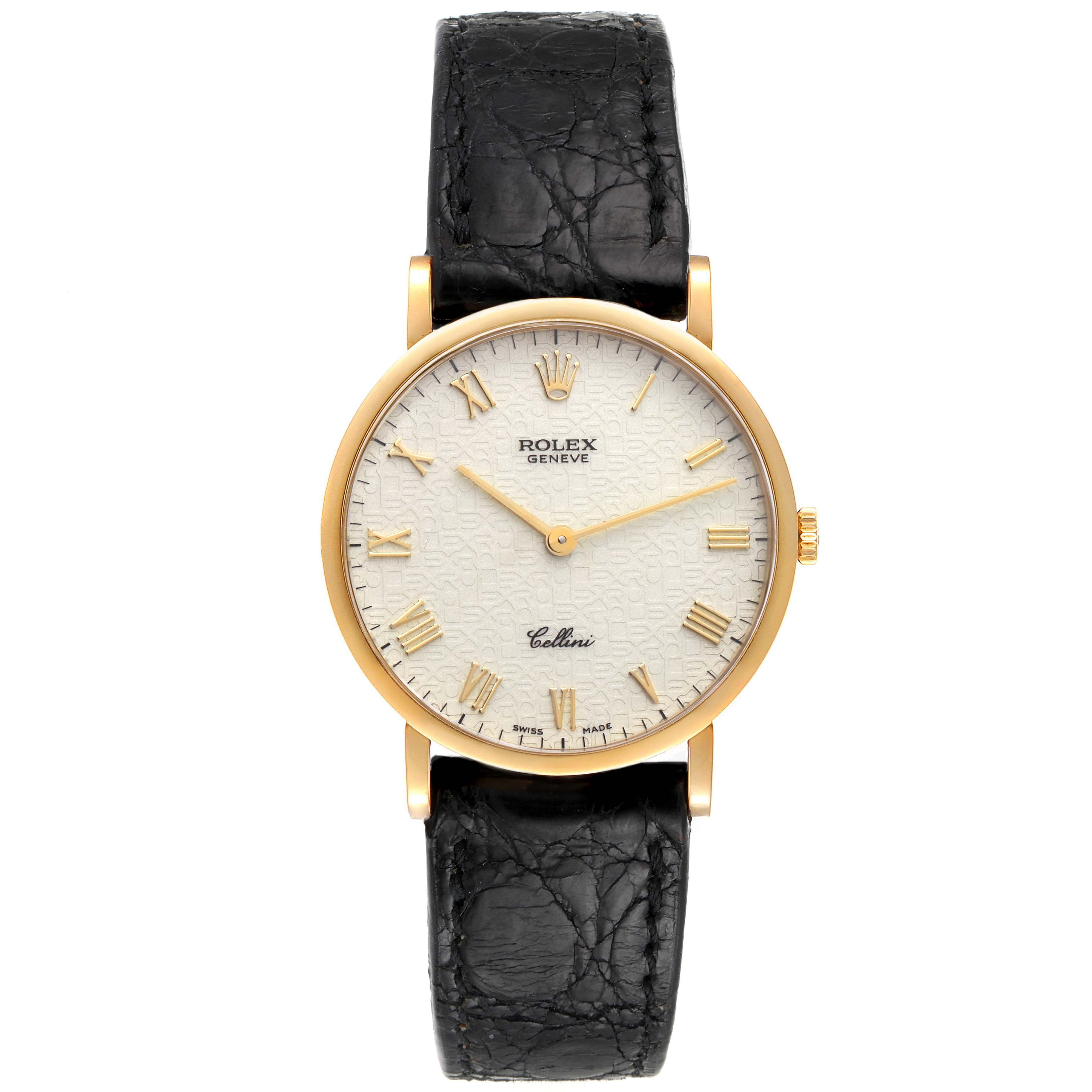 This image shows a frontal view of a Rolex Cellini 5112 Men's Yellow Gold Beige Dial 5112 Men's Yellow Gold Beige Dial watch, highlighting the face, dial, case, and leather strap.