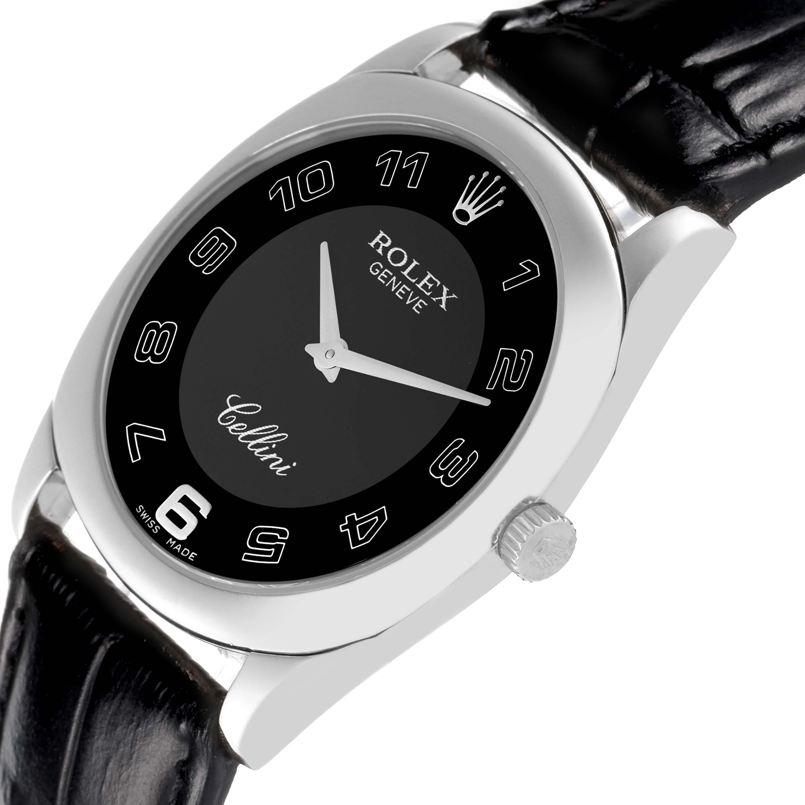The Rolex Cellini 4233 Men's White Gold Black Dial 4233 Men's White Gold Black Dial watch is shown at an angled close-up, displaying the dial, crown, and part of the leather strap.