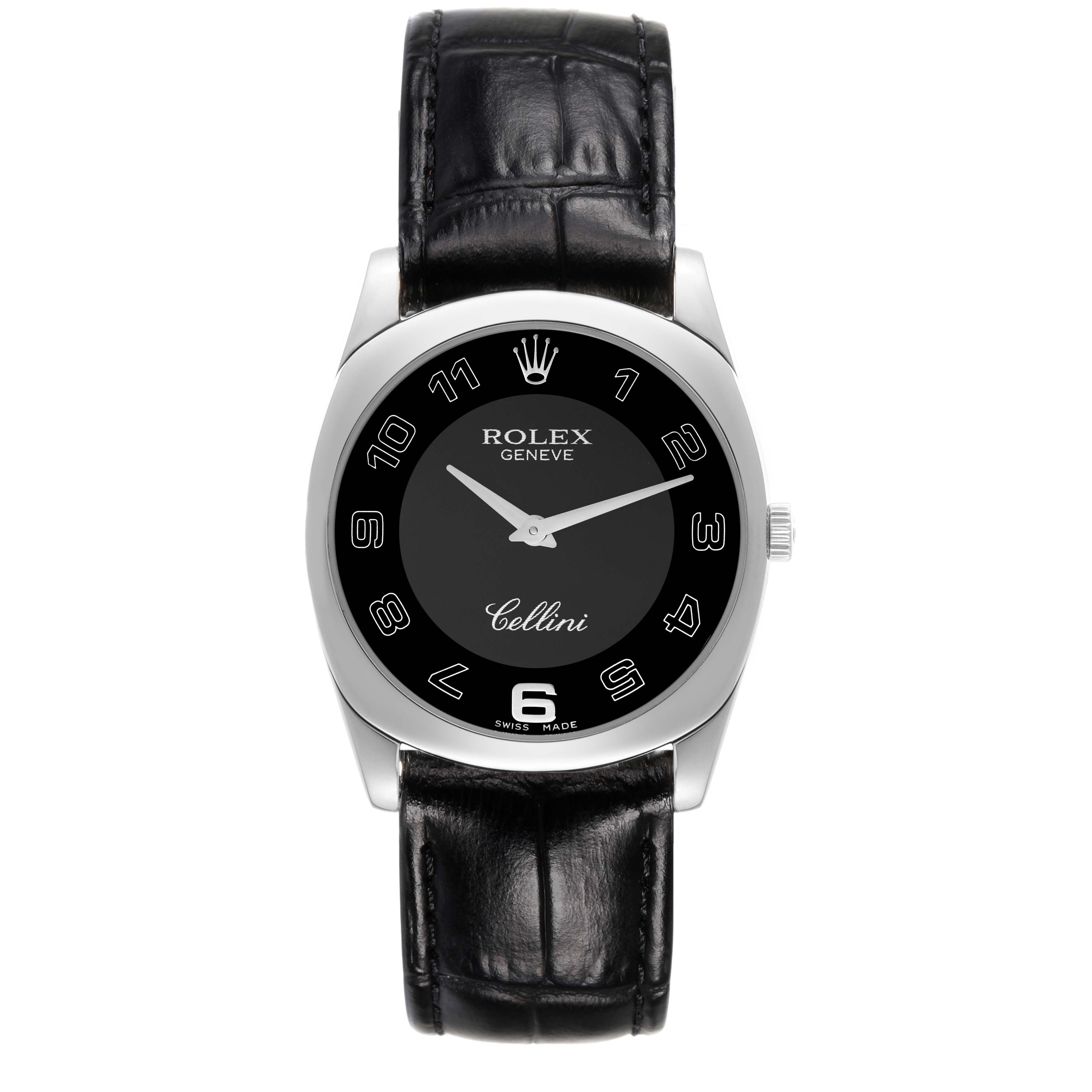 This image shows a front view of a Rolex Cellini 4233 Men's White Gold Black Dial 4233 Men's White Gold Black Dial watch featuring a black leather strap and a black dial.