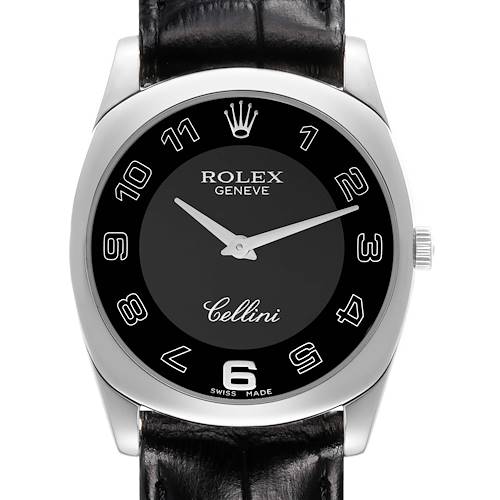 This image shows a front view of a Rolex Cellini watch, highlighting its black dial, metallic case, and black leather strap.