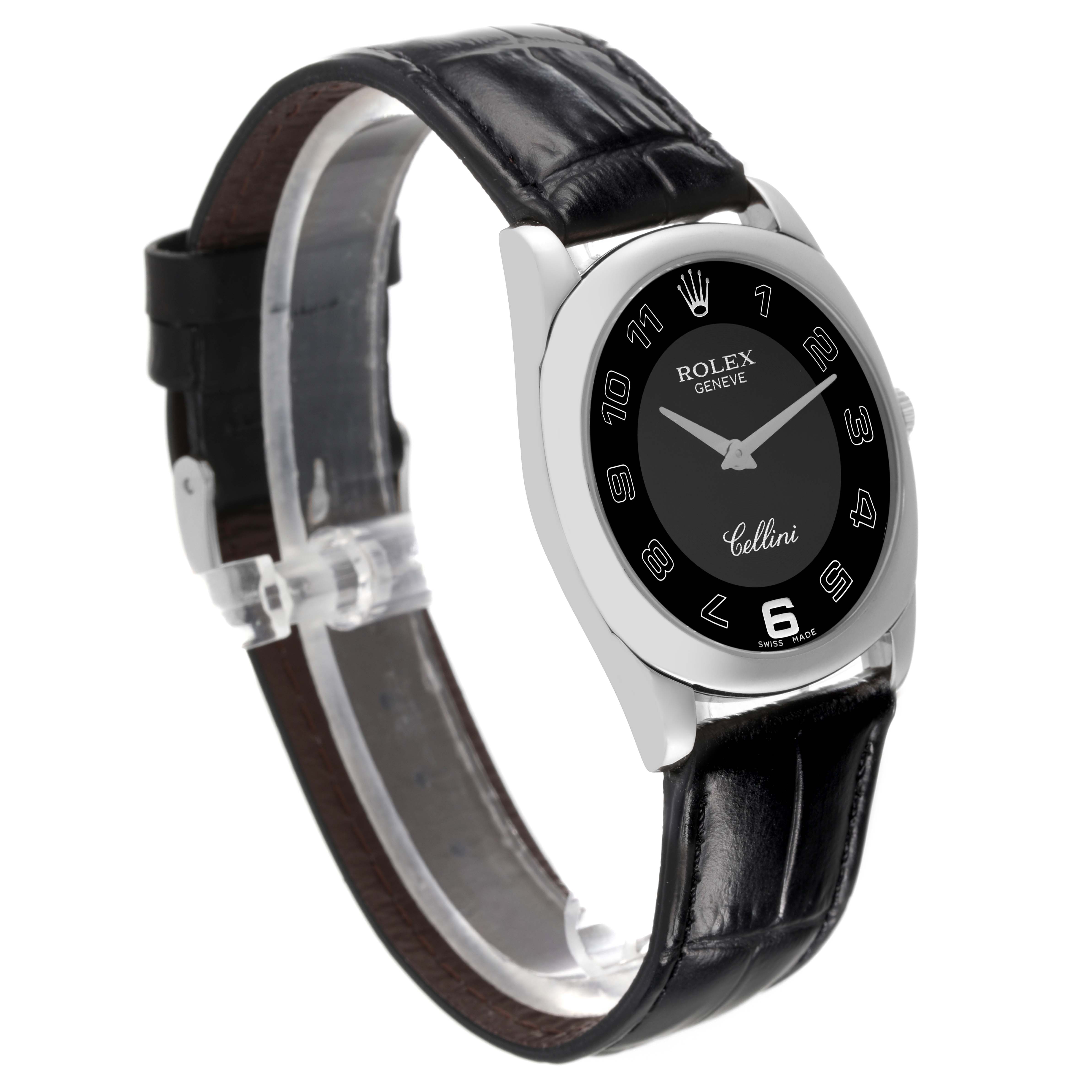The Rolex Cellini 4233 Men's White Gold Black Dial 4233 Men's White Gold Black Dial watch is shown at an angled side view, featuring its dial, case, and black leather strap.