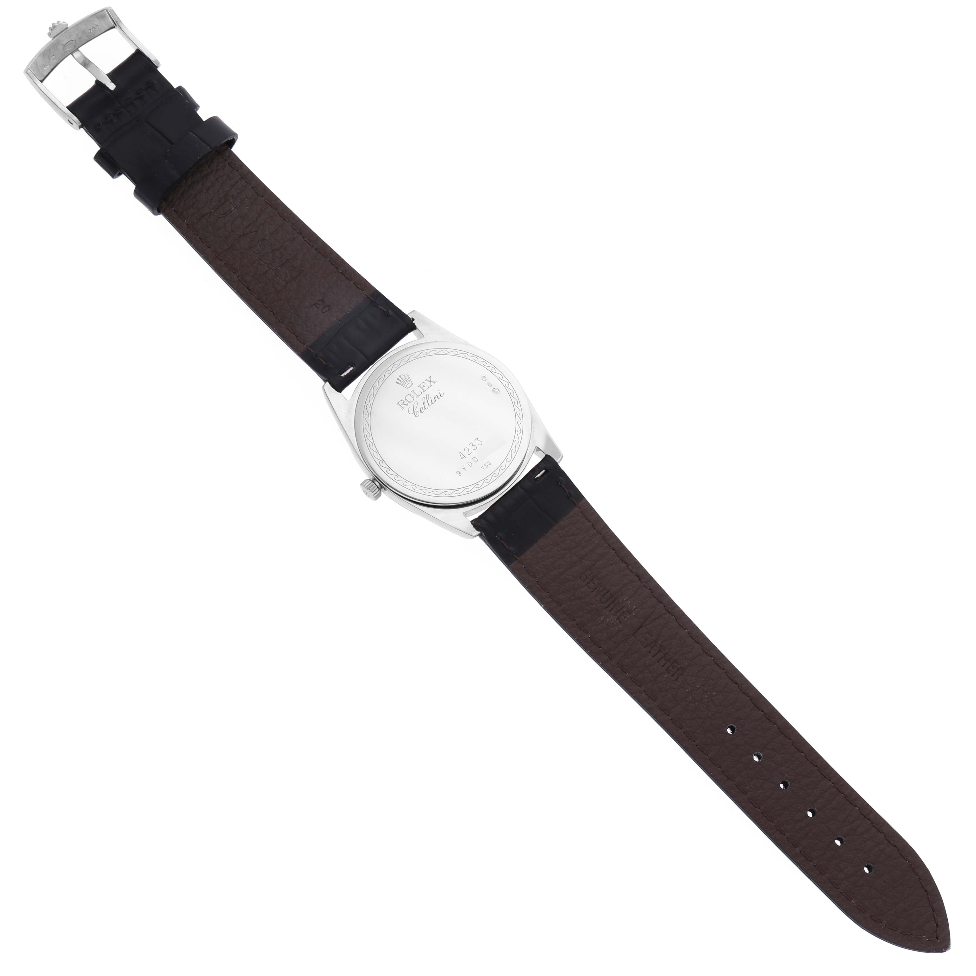 The image shows the back view of a Rolex Cellini 4233 Men's White Gold Black Dial 4233 Men's White Gold Black Dial model watch, featuring its leather strap and buckle.