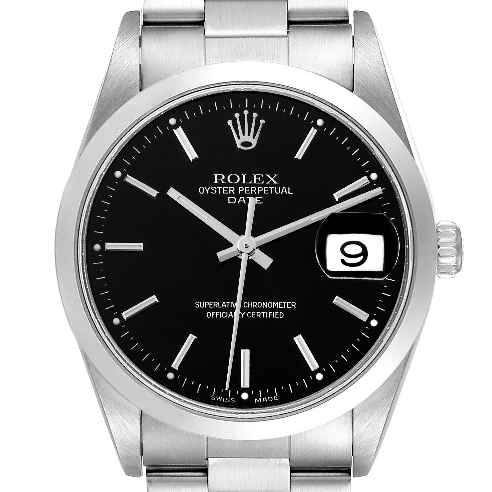 This image shows the front view of the Rolex Oyster Perpetual Date, focusing on the dial, hands, date window, and part of the bracelet.