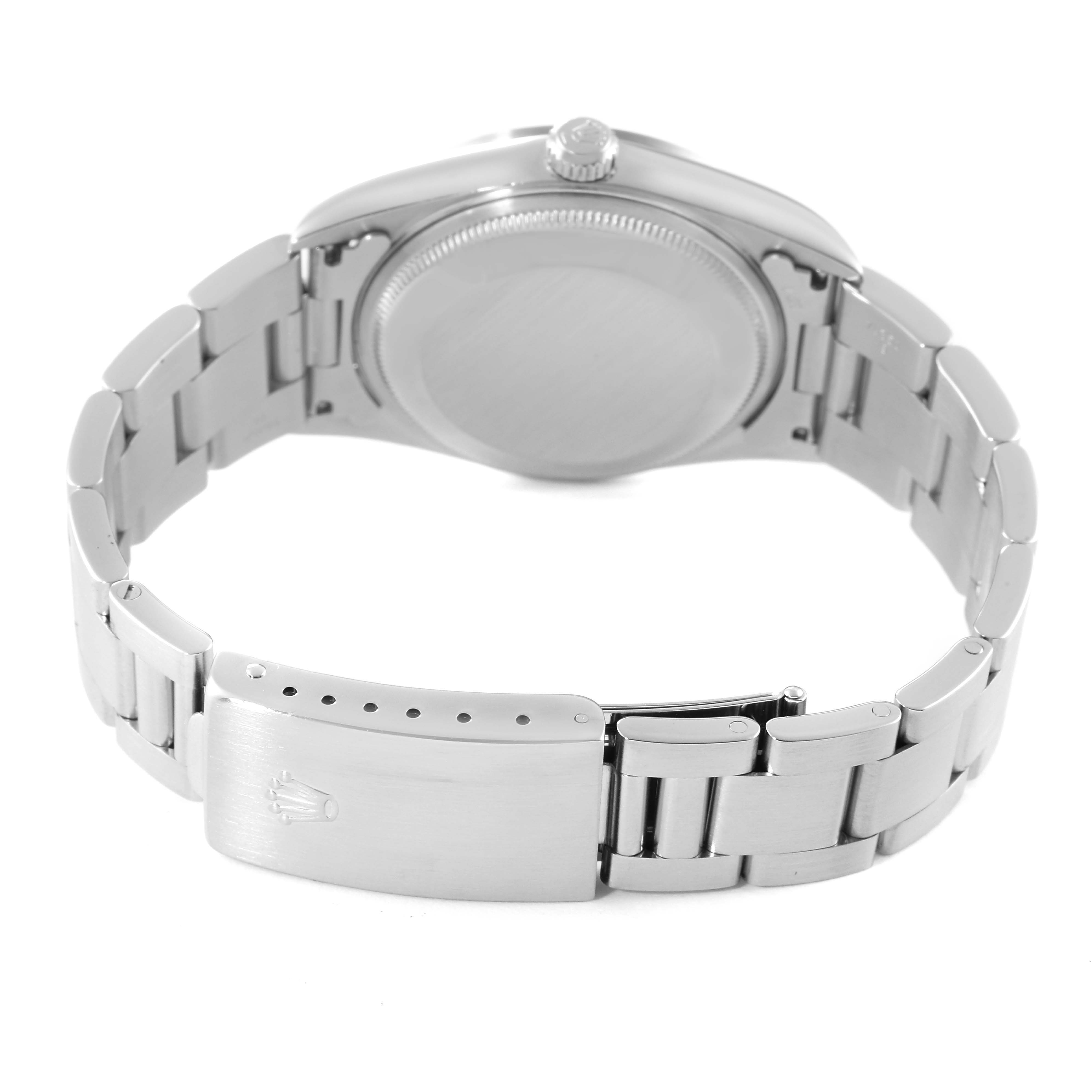 The image displays the back of the Rolex Date 15200 Men's Stainless Steel Black Dial 15200 Men's Stainless Steel Black Dial model watch, focusing on the case back, crown, and bracelet with the clasp open.