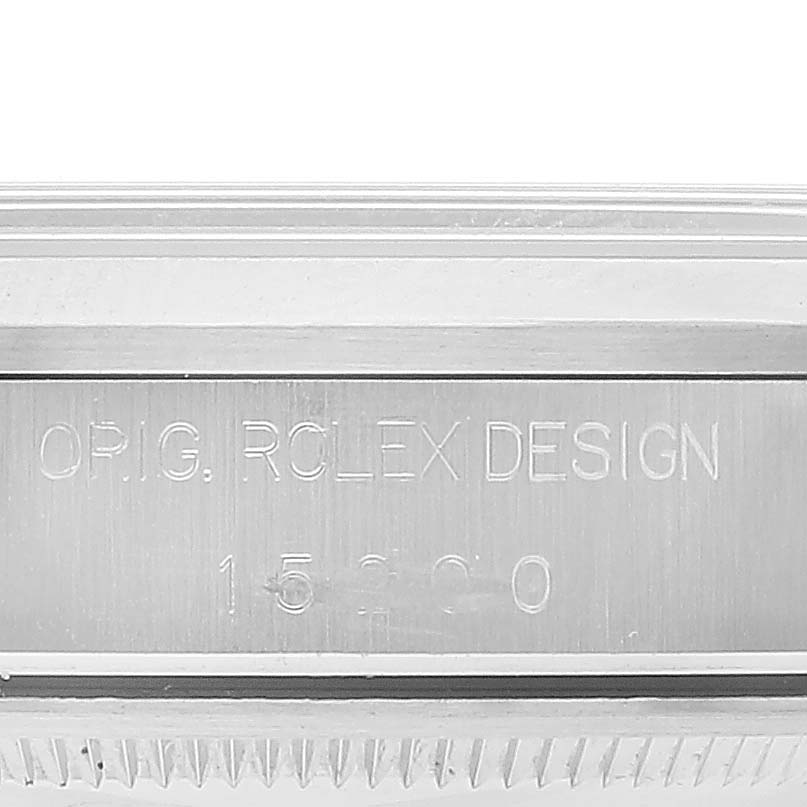 The image shows a close-up angle of the case side of a Rolex Date 15200 Men's Stainless Steel Black Dial 15200 Men's Stainless Steel Black Dial model, displaying the "ORIG. ROLEX DESIGN" engraving and model number.