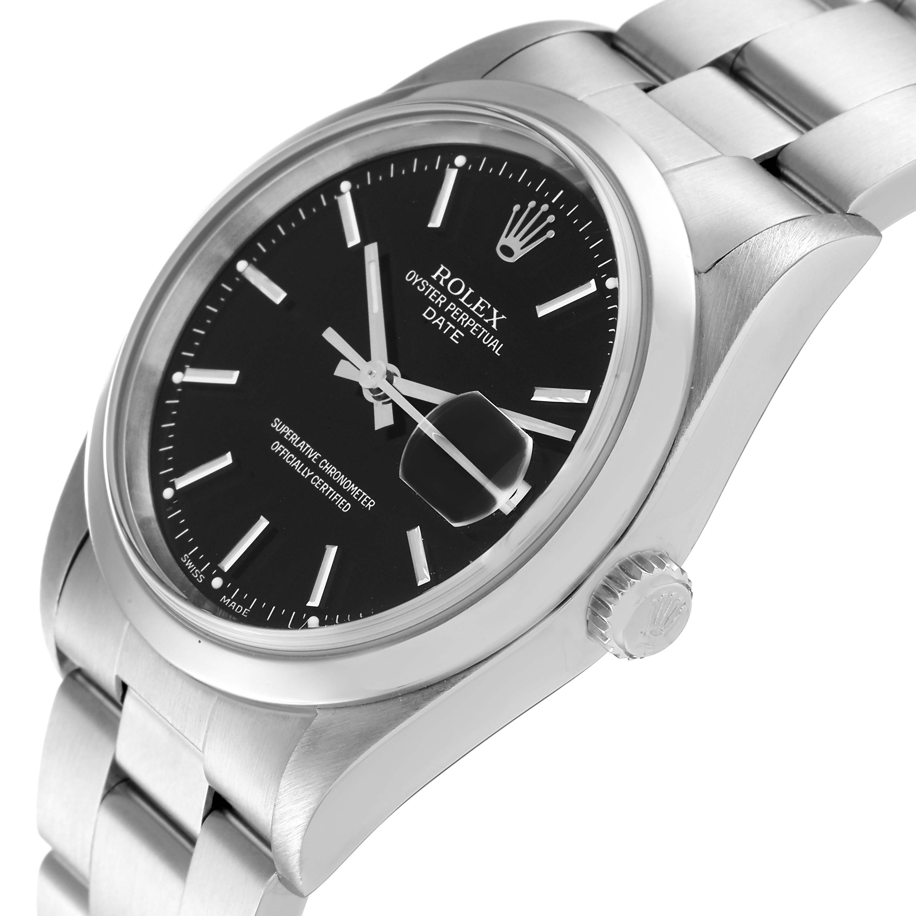 The image shows an angled view of the face, crown, and bracelet of a Rolex Date 15200 Men's Stainless Steel Black Dial 15200 Men's Stainless Steel Black Dial model watch.