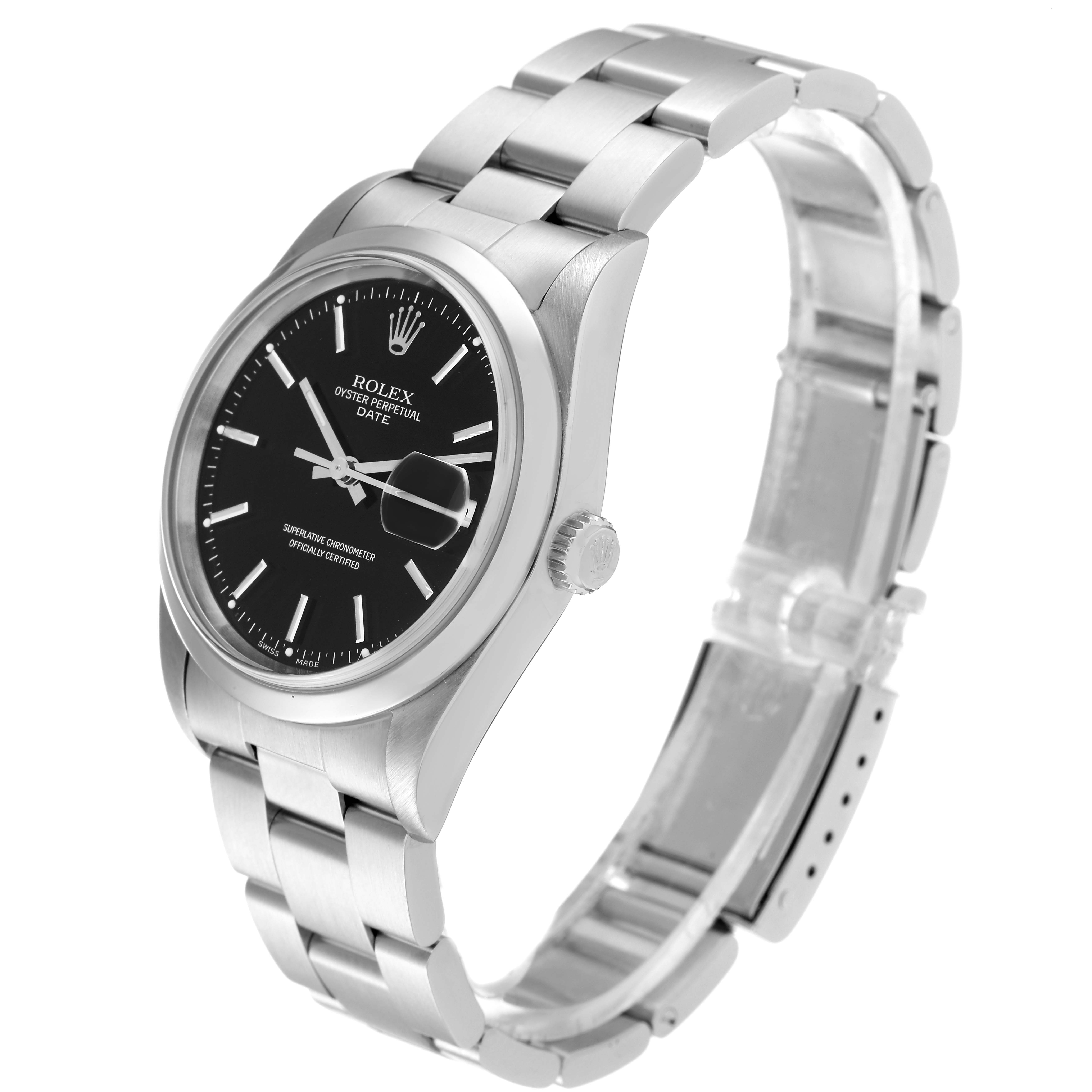 The Rolex Date 15200 Men's Stainless Steel Black Dial 15200 Men's Stainless Steel Black Dial model watch is shown at a slight angle, displaying the face, bezel, crown, and bracelet.