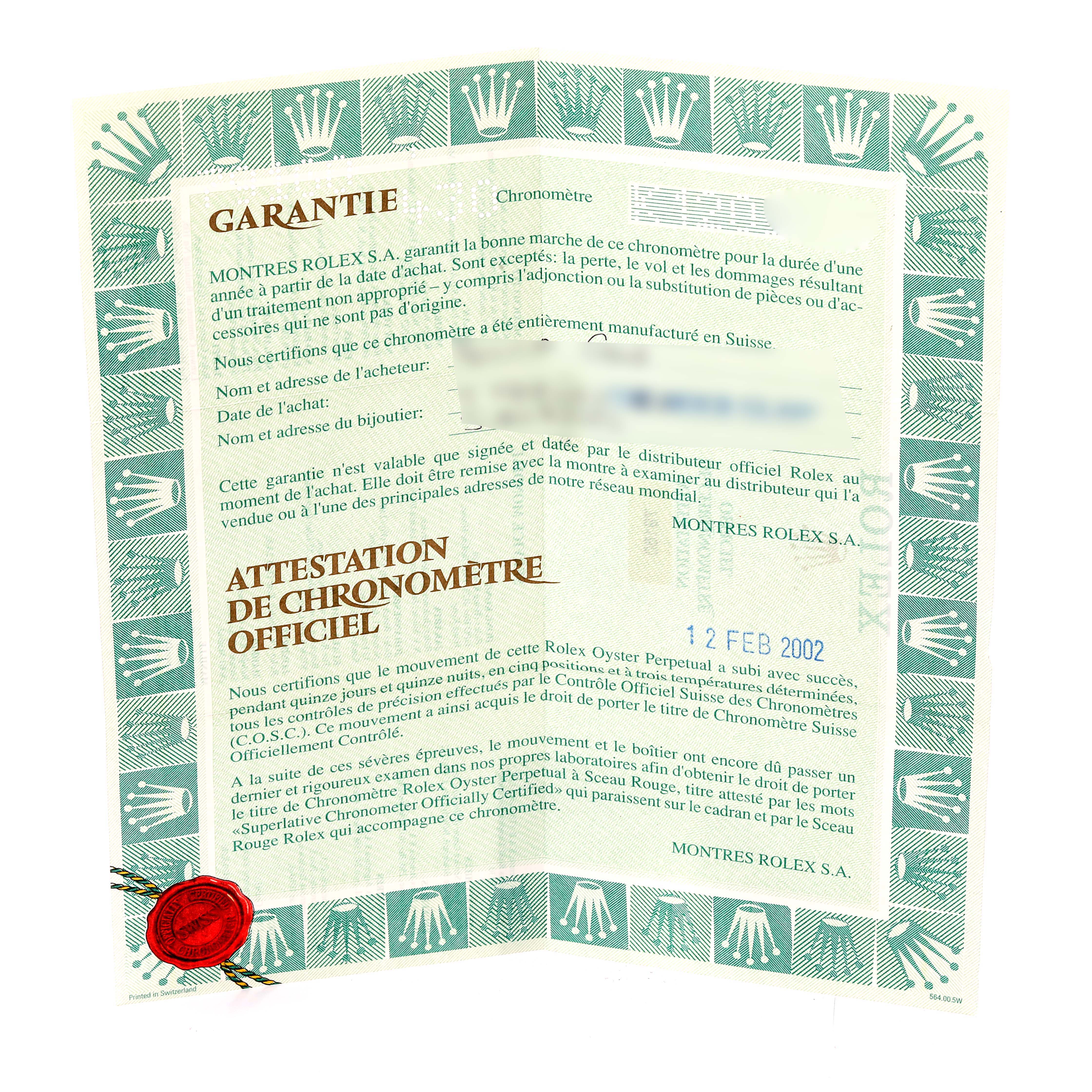 The image shows an official warranty and chronometer certificate for a Rolex Date 79160 Women's Stainless Steel Silver Dial 79160 Women's Stainless Steel Silver Dial model watch.