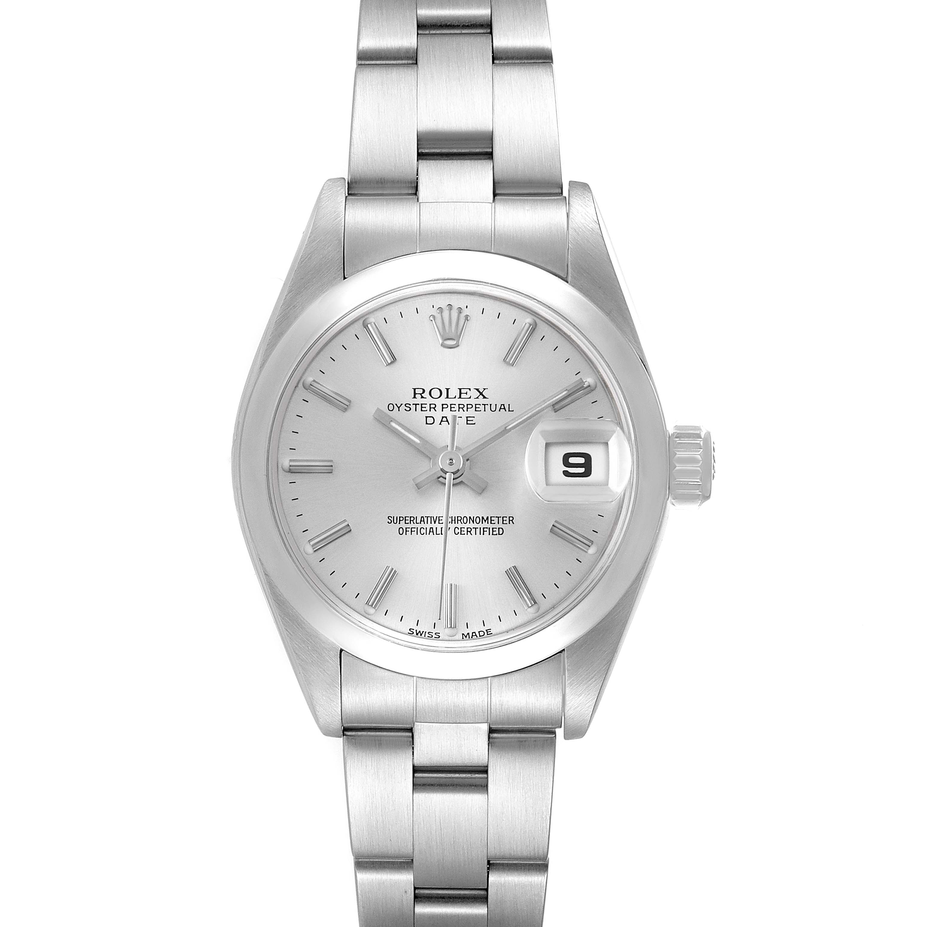 This image shows a front view of a Rolex Date 79160 Women's Stainless Steel Silver Dial 79160 Women's Stainless Steel Silver Dial model watch, highlighting the dial, bracelet, and date window.