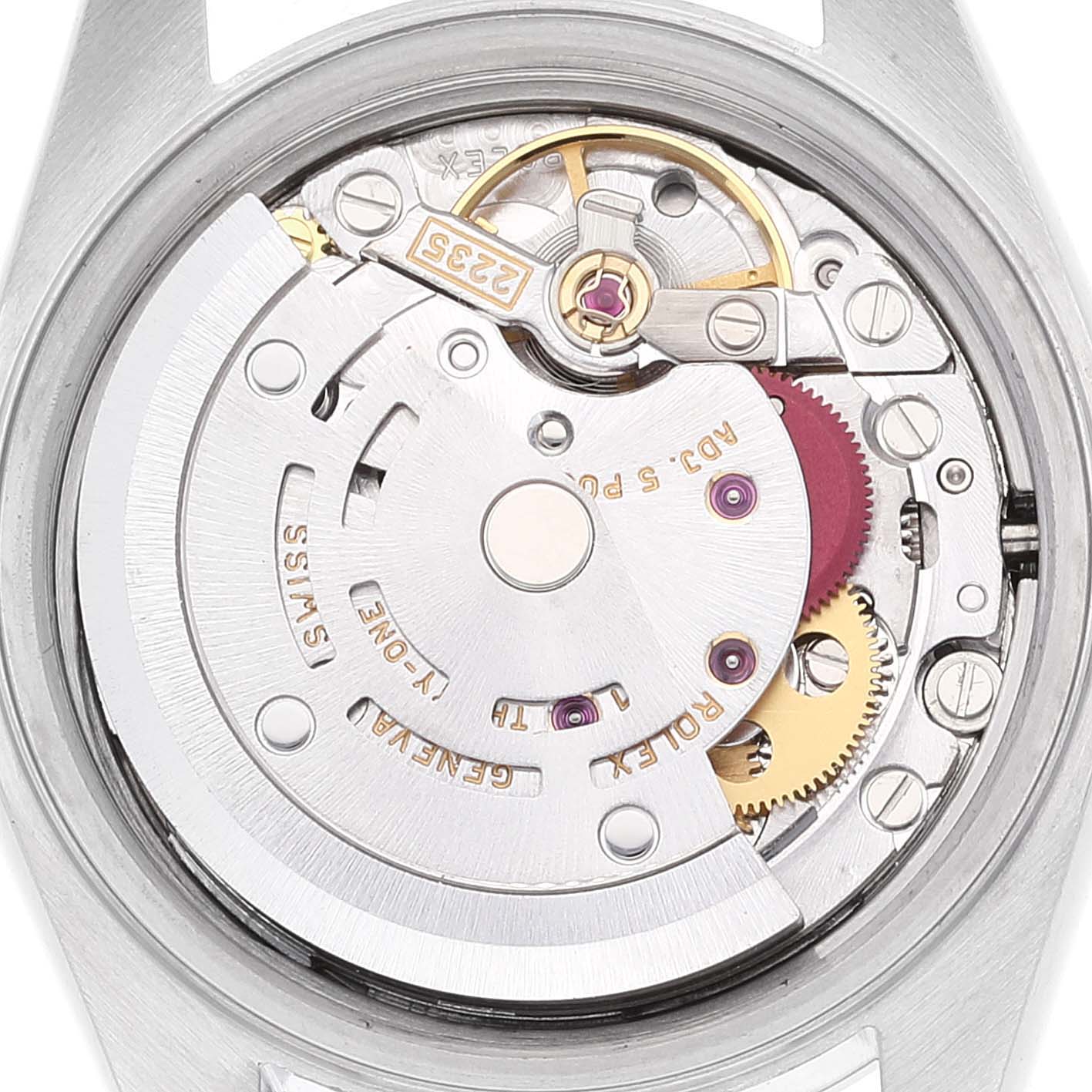 This image shows a close-up of the internal mechanism of a Rolex Date 79160 Women's Stainless Steel Silver Dial 79160 Women's Stainless Steel Silver Dial model watch from a rear angle.
