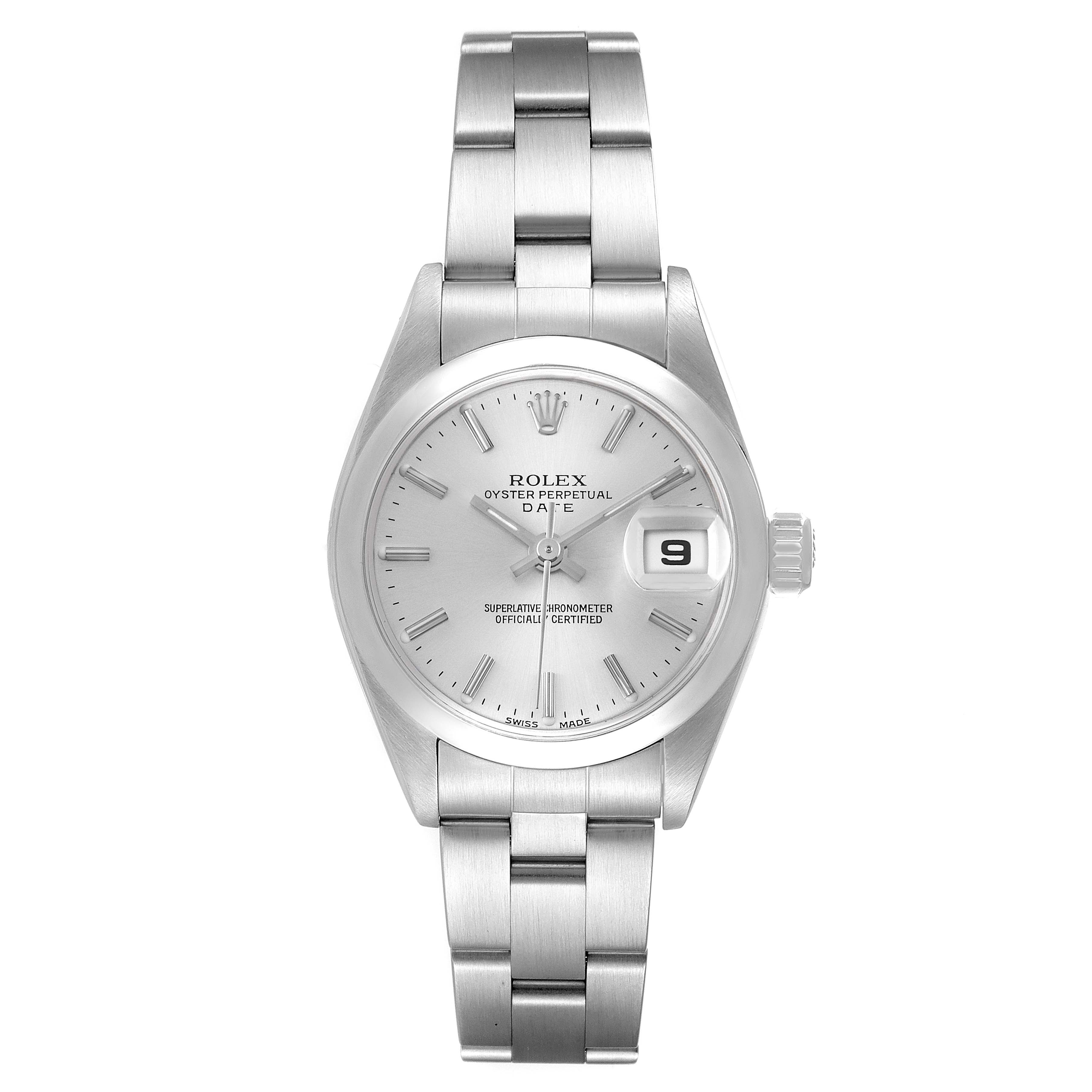 This image shows a front view of a Rolex Date 79160 Women's Stainless Steel Silver Dial 79160 Women's Stainless Steel Silver Dial model watch, displaying the dial, bracelet, and date window.