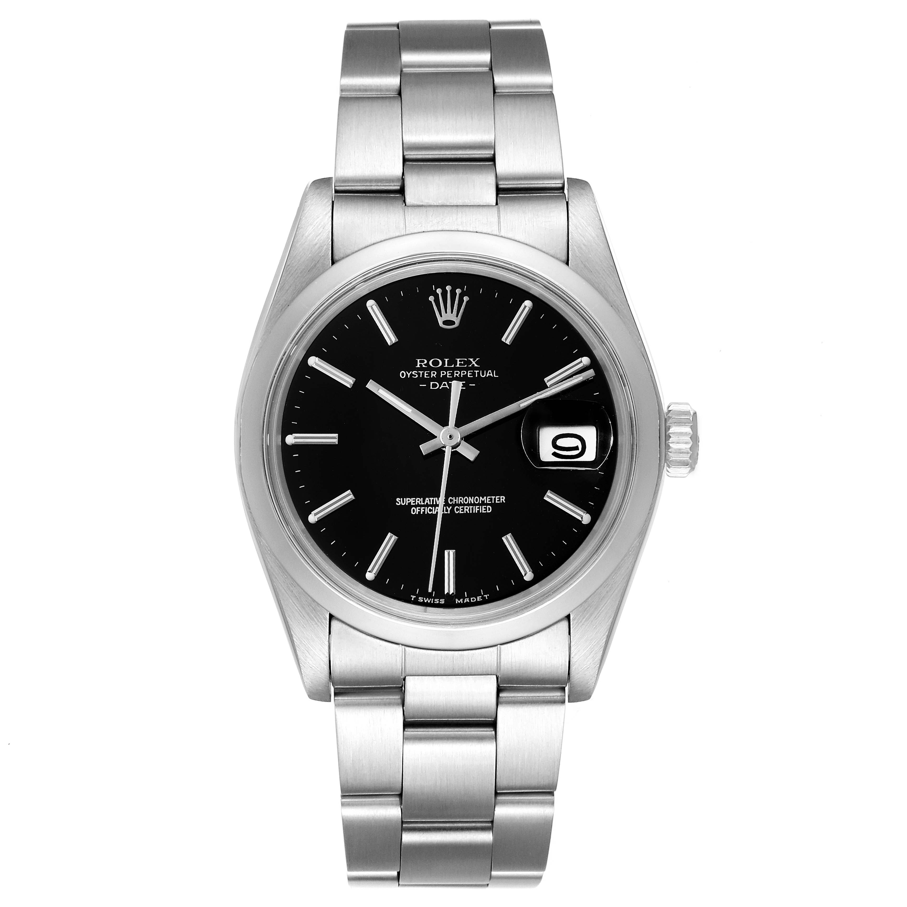 The image shows a front view of the Rolex Vintage Collection 1500 Men's Stainless Steel Black Dial 1500 Men's Stainless Steel Black Dial watch, displaying the face, bracelet, and crown.