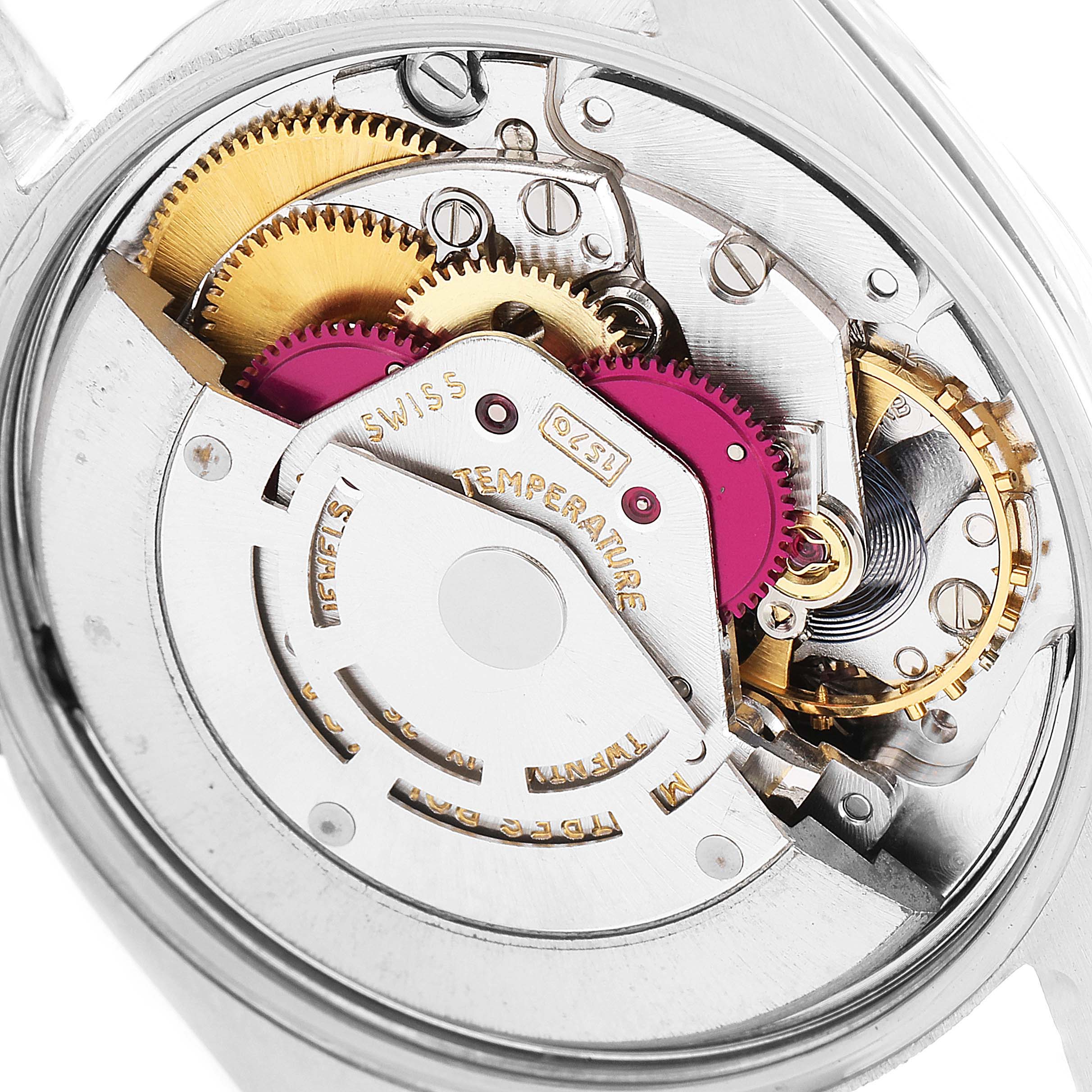 This close-up image shows the intricate inner mechanism of the Rolex Vintage Collection 1500 Men's Stainless Steel Black Dial 1500 Men's Stainless Steel Black Dial watch.