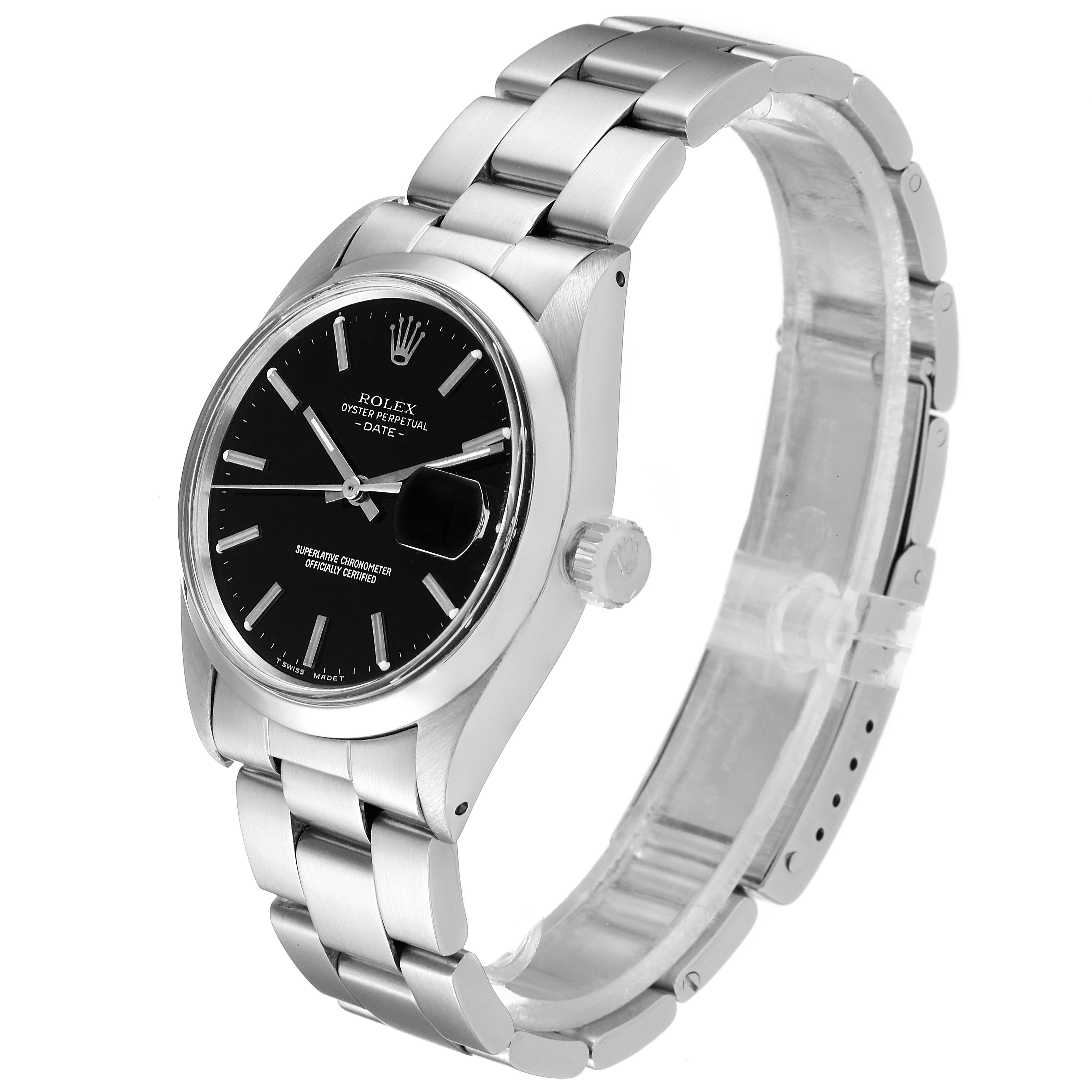 The image shows a side and front view of a Rolex Vintage Collection 1500 Men's Stainless Steel Black Dial 1500 Men's Stainless Steel Black Dial watch with a black dial and stainless steel bracelet.