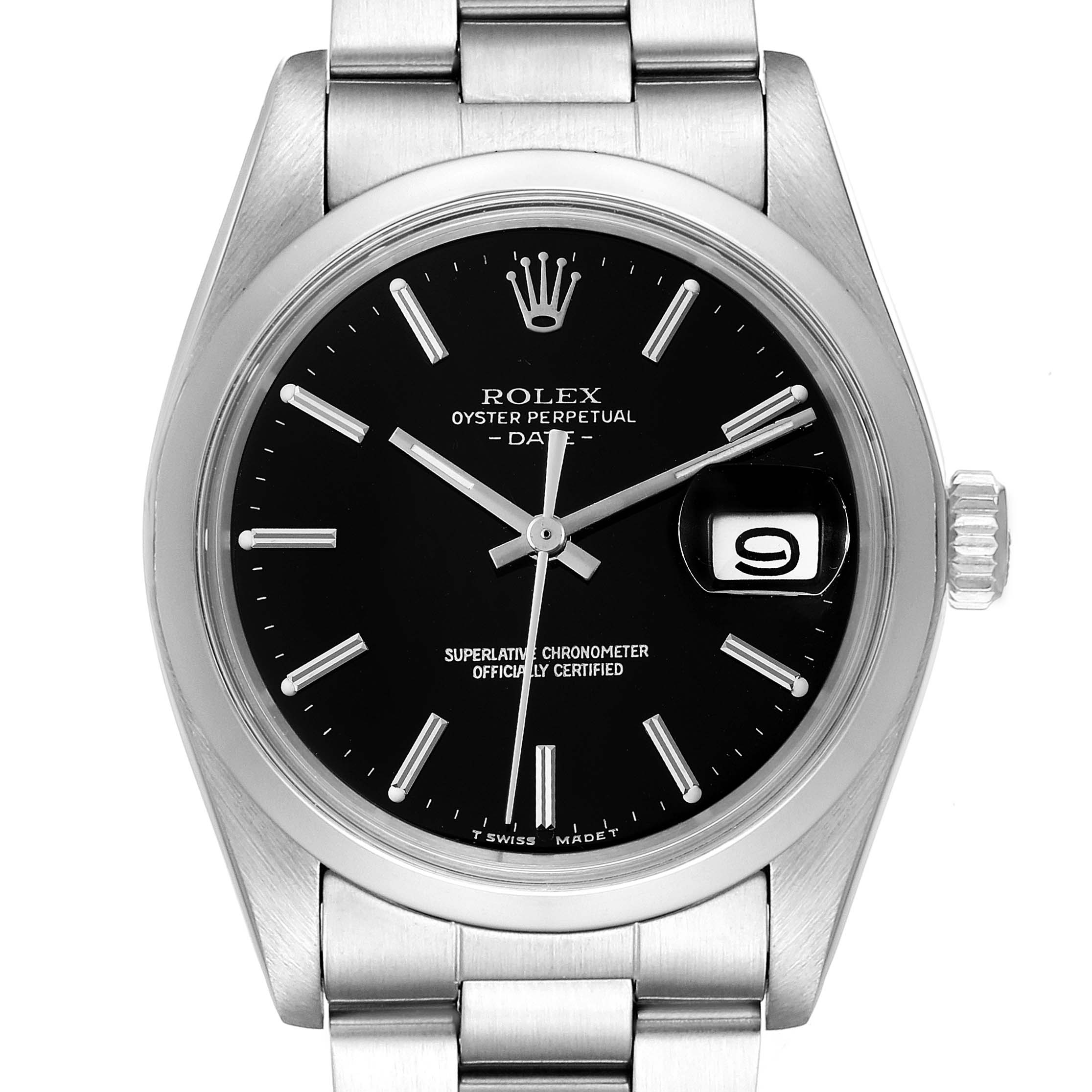 This image shows a Rolex Vintage Collection 1500 Men's Stainless Steel Black Dial 1500 Men's Stainless Steel Black Dial Oyster Perpetual Date watch from a front angle, highlighting the dial, hands, date window, and part of the bracelet.