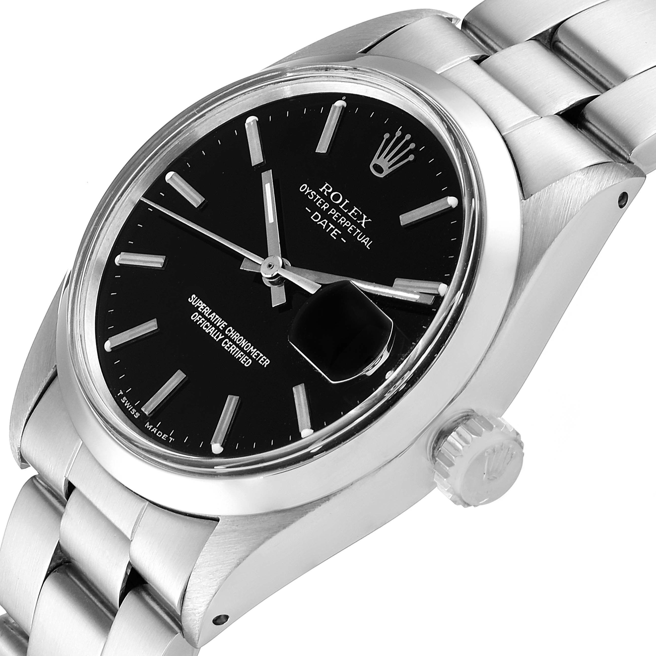 This image shows a Rolex Vintage Collection 1500 Men's Stainless Steel Black Dial 1500 Men's Stainless Steel Black Dial Oyster Perpetual Date watch at an angled close-up, highlighting the dial, crown, and part of the bracelet.