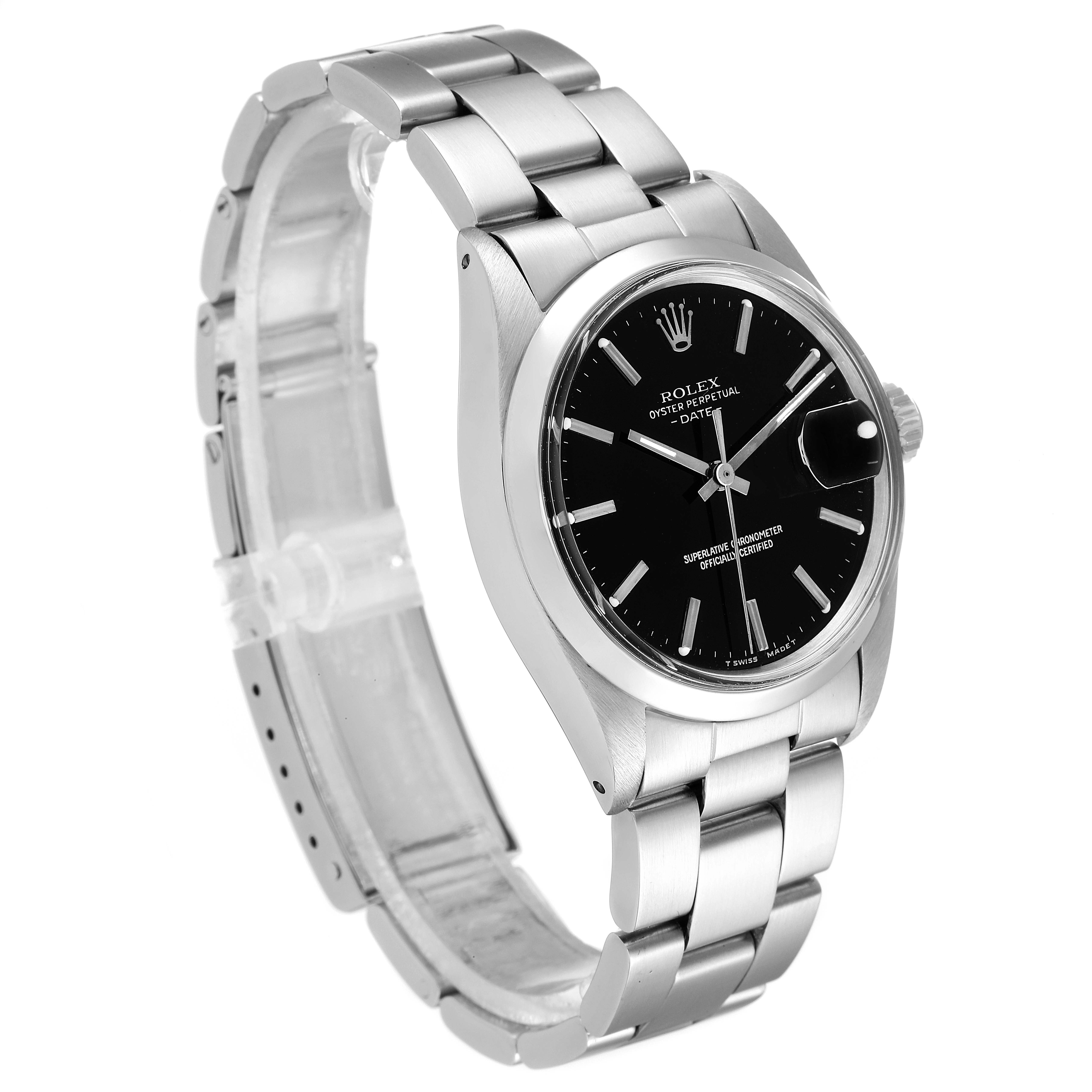 This image shows a Rolex Vintage Collection 1500 Men's Stainless Steel Black Dial 1500 Men's Stainless Steel Black Dial watch at an angle highlighting the face, bezel, and part of the band.