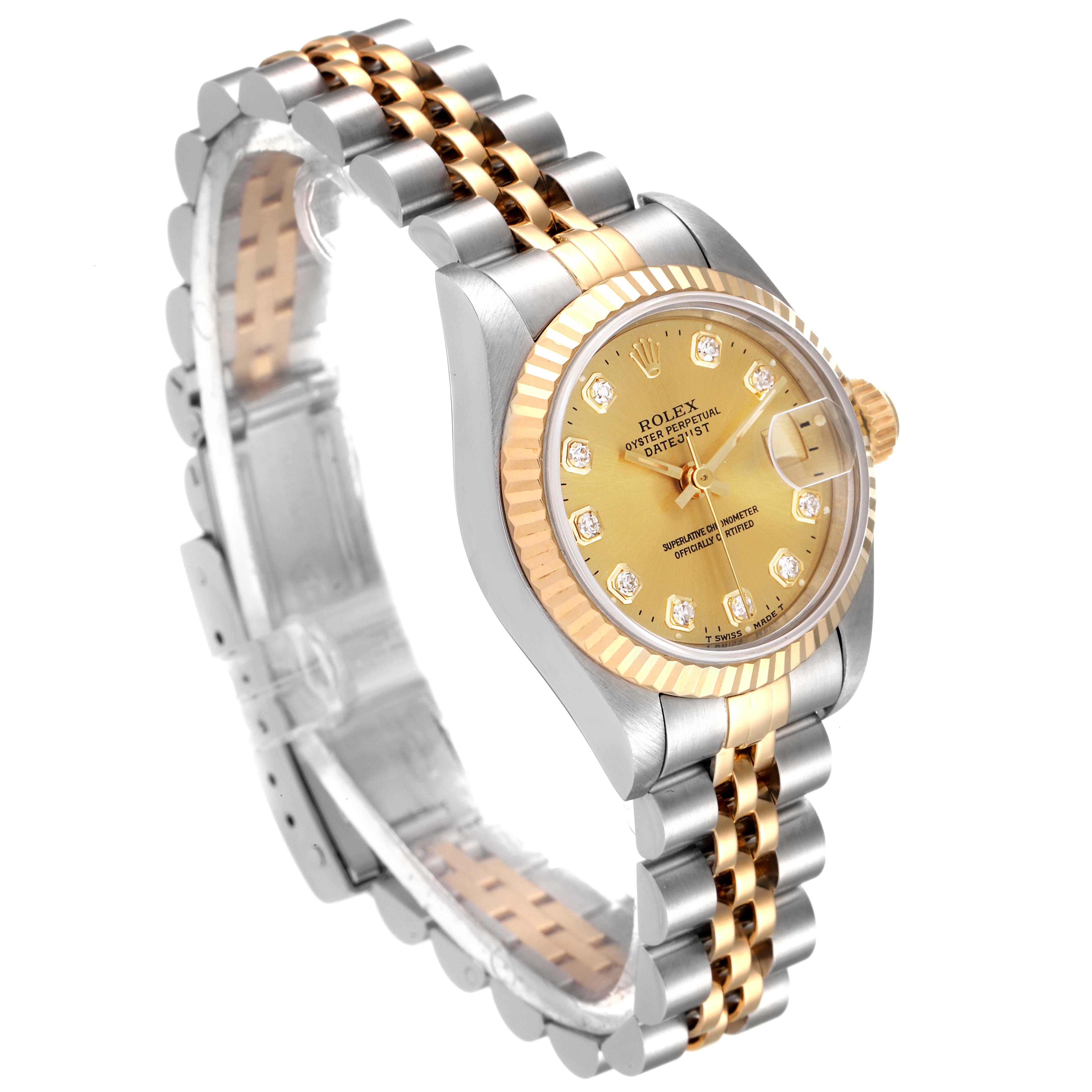 The image shows a Rolex Datejust 69173 Women's Steel and Gold (two tone) Champagne Dial 69173 Women's Steel and Gold (two tone) Champagne Dial model watch angled to display the band, case, dial, and crown.