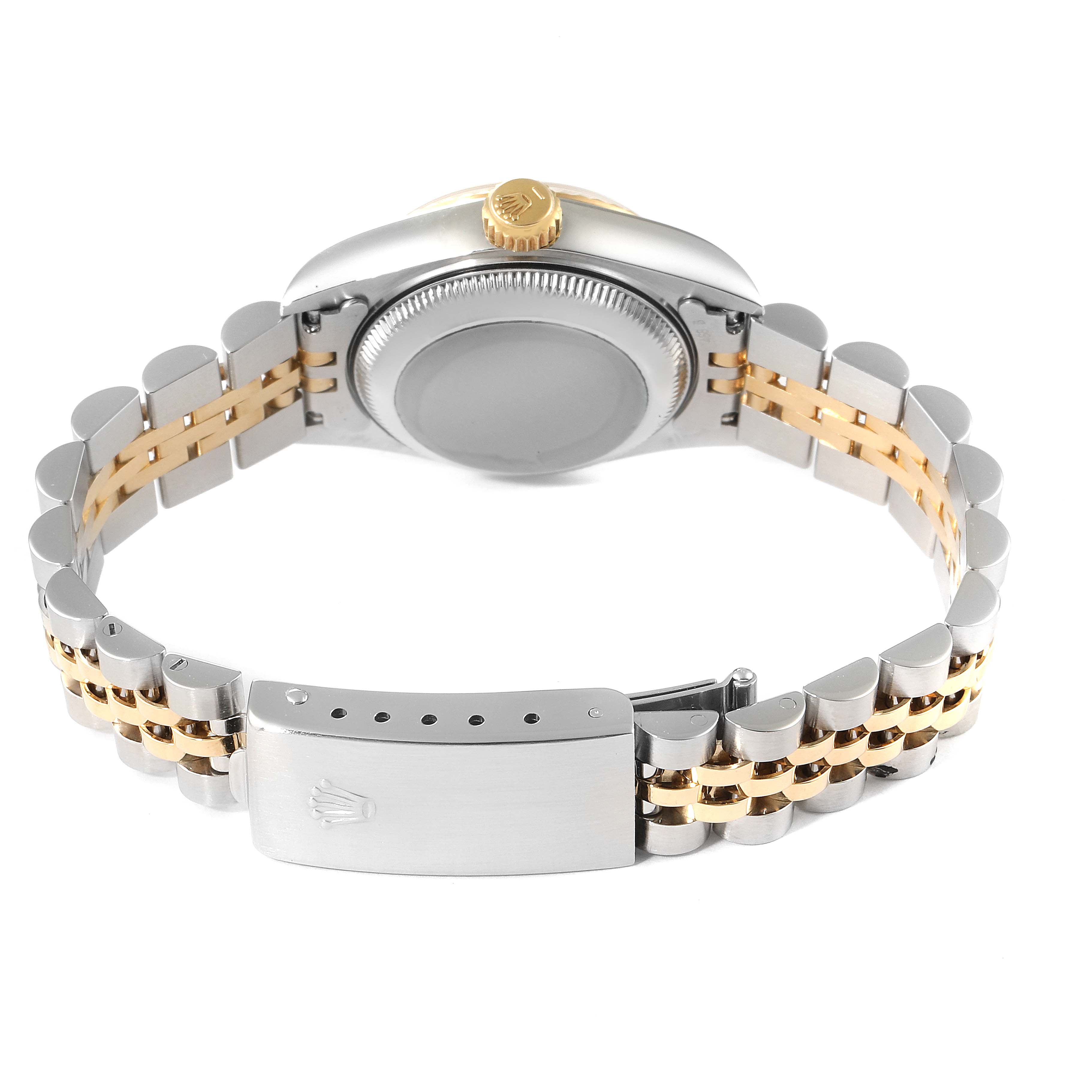 The image shows the back of a Rolex Datejust 69173 Women's Steel and Gold (two tone) Champagne Dial 69173 Women's Steel and Gold (two tone) Champagne Dial watch, highlighting its two-tone bracelet and clasp.