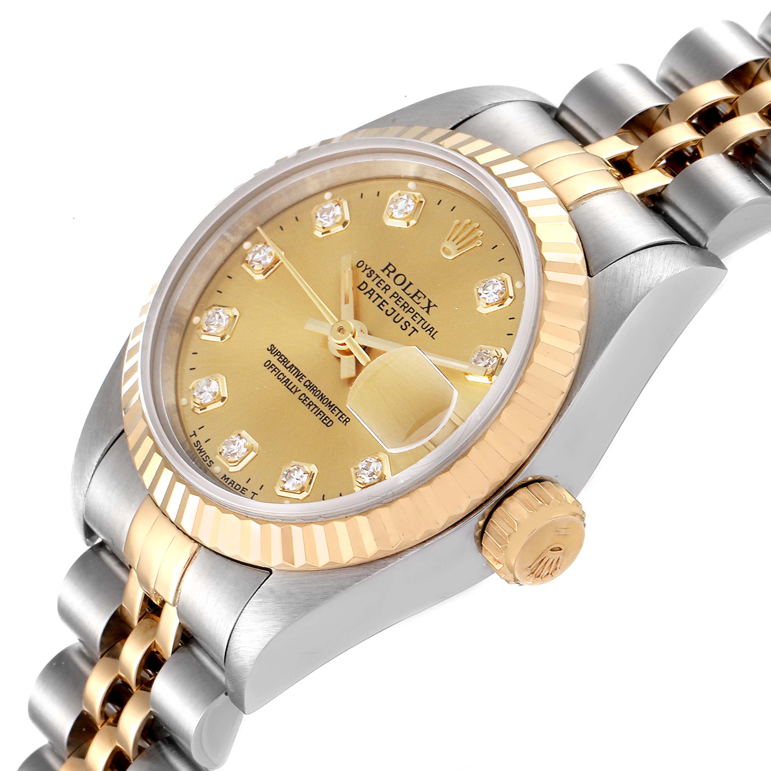 The image shows a tilted close-up of a Rolex Datejust 69173 Women's Steel and Gold (two tone) Champagne Dial 69173 Women's Steel and Gold (two tone) Champagne Dial watch, displaying its dial, crown, bezel, and a part of the bracelet.