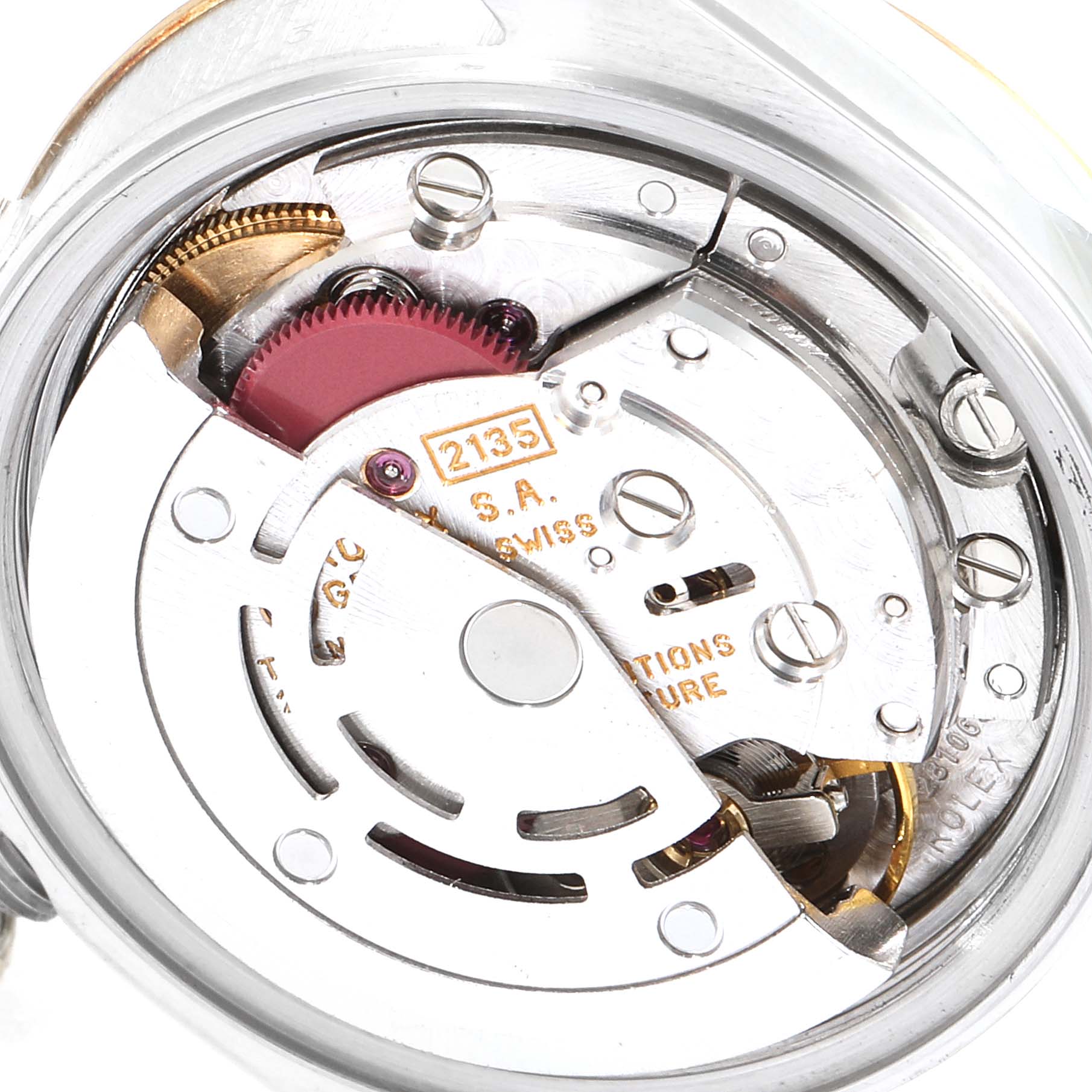This image shows a close-up view of the movement mechanics inside a Rolex Datejust 69173 Women's Steel and Gold (two tone) Champagne Dial 69173 Women's Steel and Gold (two tone) Champagne Dial watch.