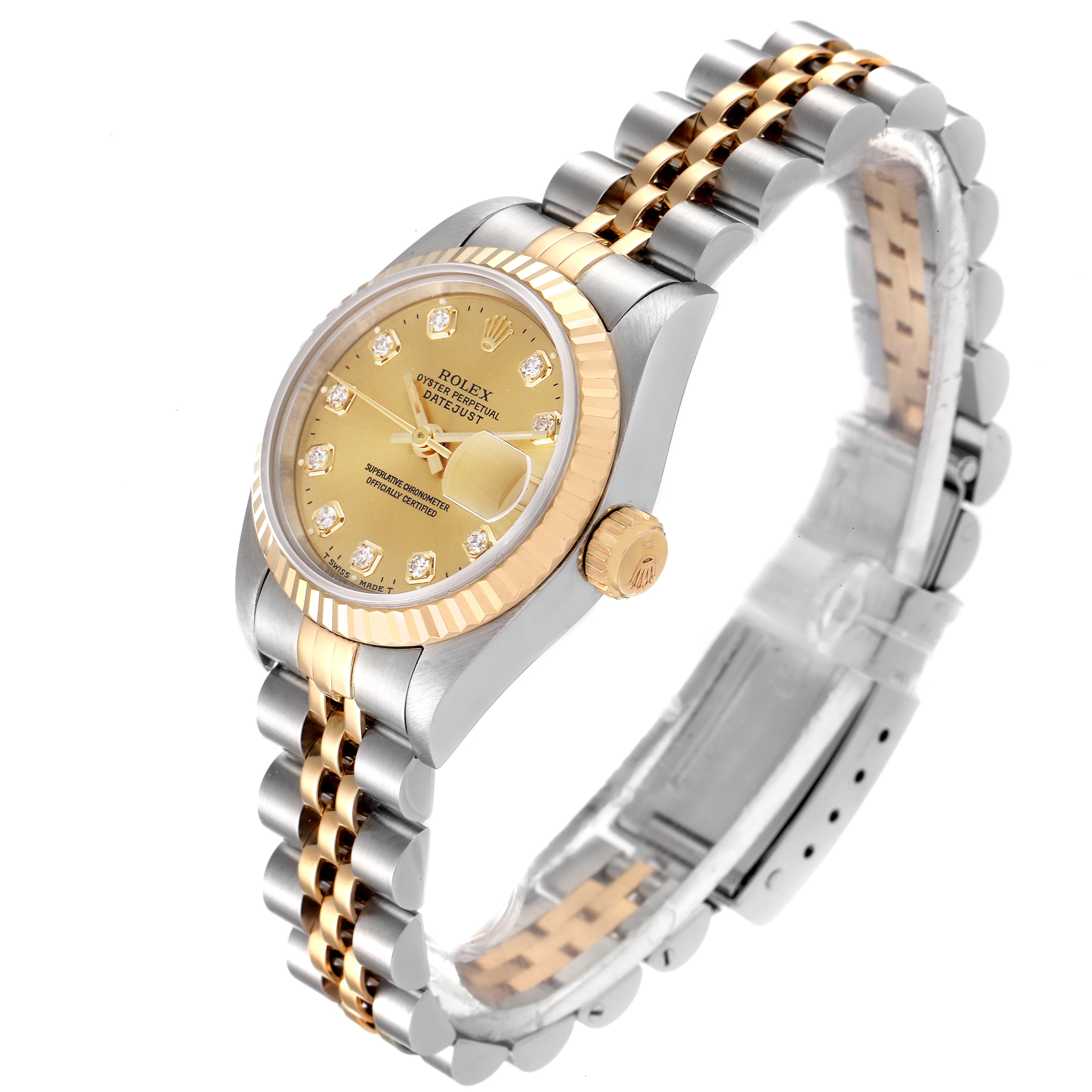 This image shows a Rolex Datejust 69173 Women's Steel and Gold (two tone) Champagne Dial 69173 Women's Steel and Gold (two tone) Champagne Dial watch at a three-quarter angle, highlighting its gold dial, fluted bezel, and two-tone bracelet.